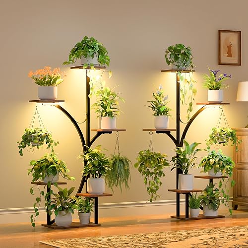 LATIBELL K-Shaped Corner Plant Stand Indoor with Grow Lights,2 Pack 6 Tier | 47'' Multiple Plants, Shelf Rack Display Holder, Flower Stands for Living Room Patio Home