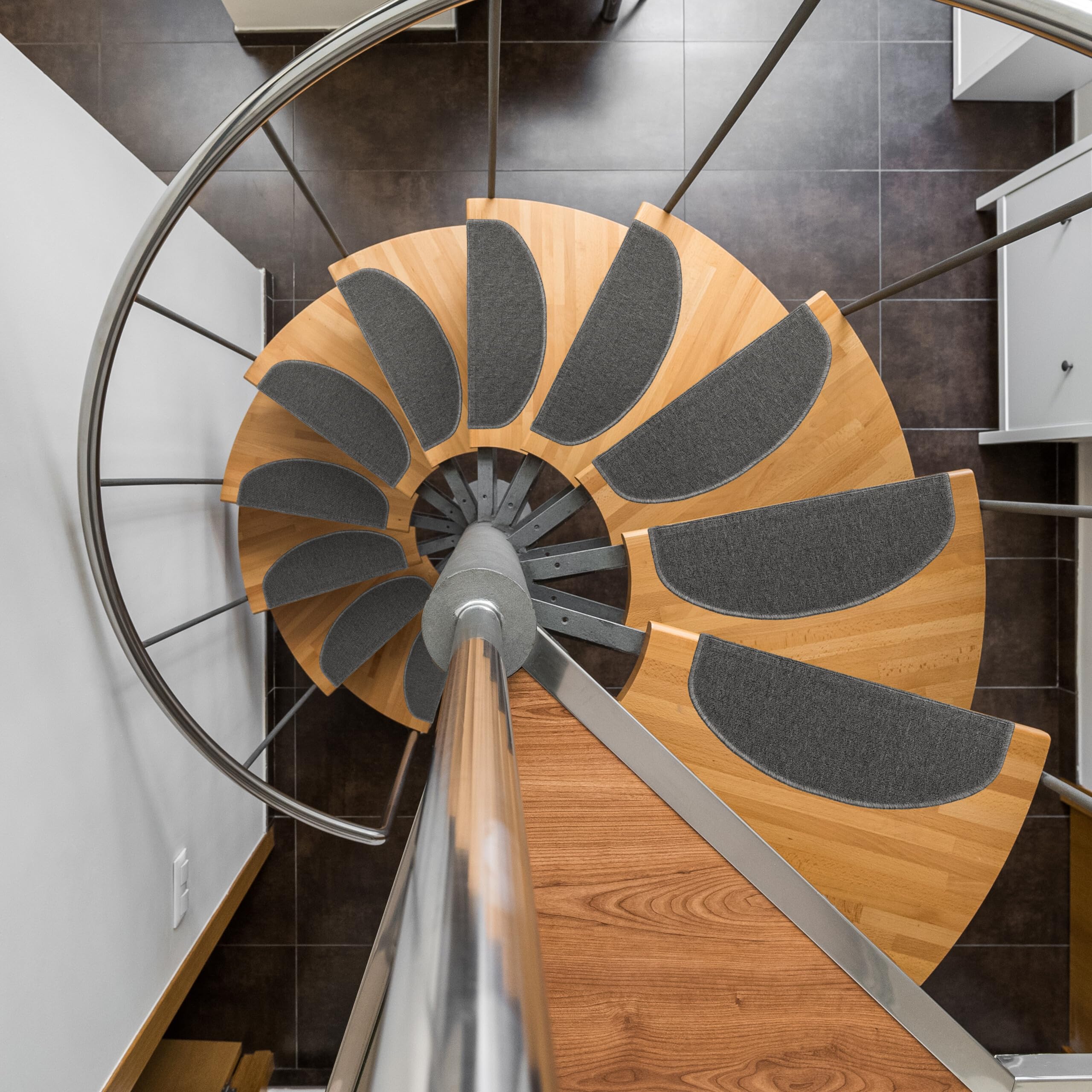 Relaxdays Alfombras Escaleras, Set 15, Alfombrillas Escalones, Circular, Antideslizantes, 65x24 cm, Autoadhesivas, Gris