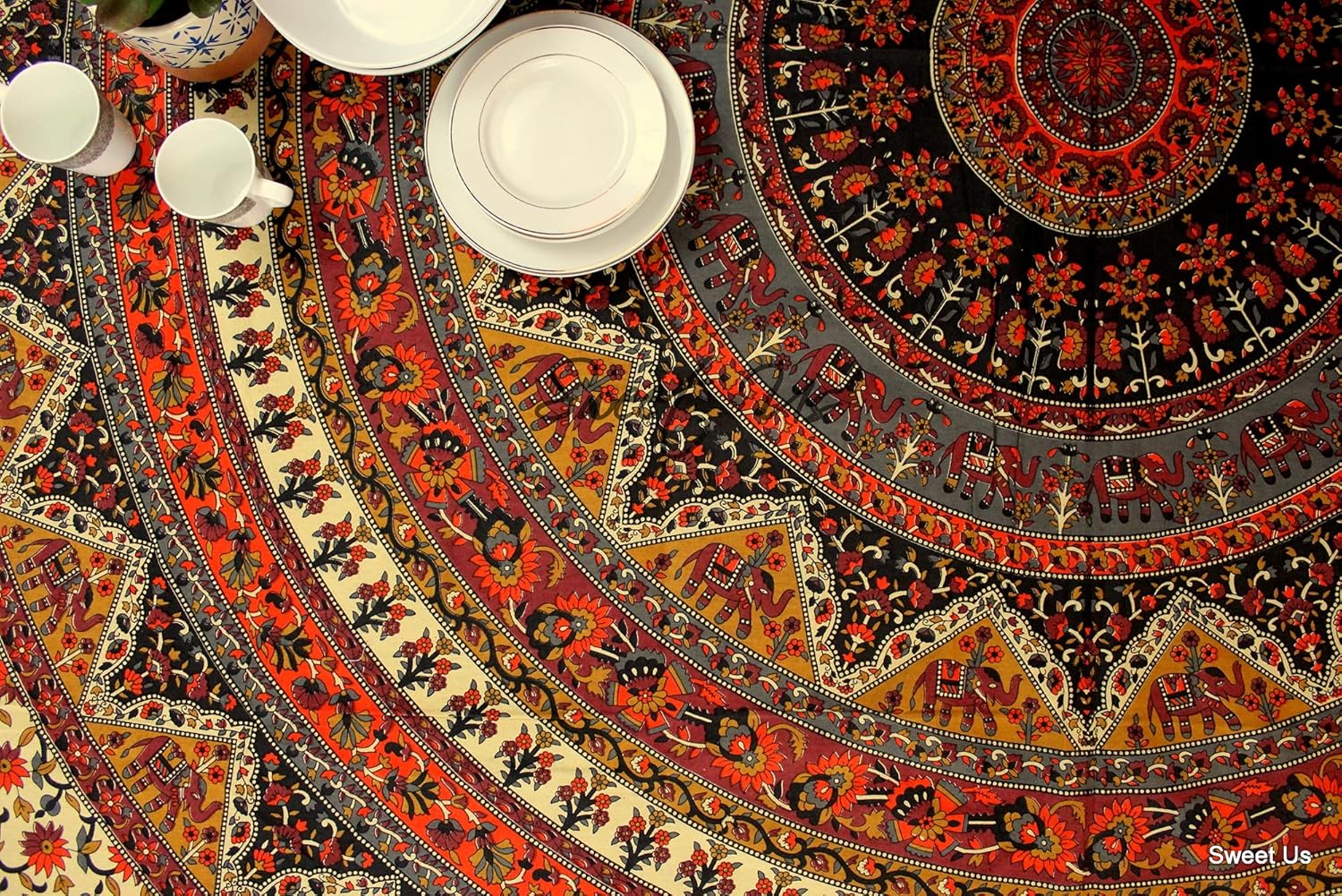 Elephant Tablecloth for Round Tables, Cotton Floral Kitchen Dining Table Cloth, Linen Blue Green Red, Table Cover for Indoors and Outdoors 70-in Round : Home & Kitchen