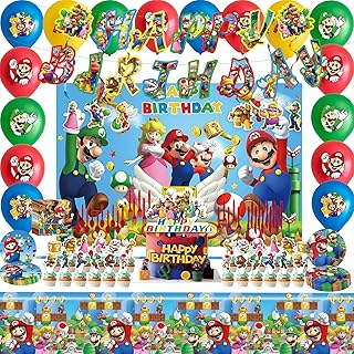 Mario Birthday Party Supplies Birthday Decorations Party Decorations Include Backdrop, Tablecloth, Birthday Banners, Cake Decoration, Cupcake Toppers, Latex Balloons, Hanging Swirls, Tableware Set