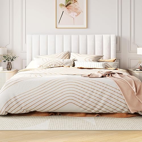 Miniatura 59 de HOOMIC Base de cama de plataforma de tamaño matrimonial con cabecera de canal vertical tapizada de terciopelo de felpa, no necesita somier, fácil