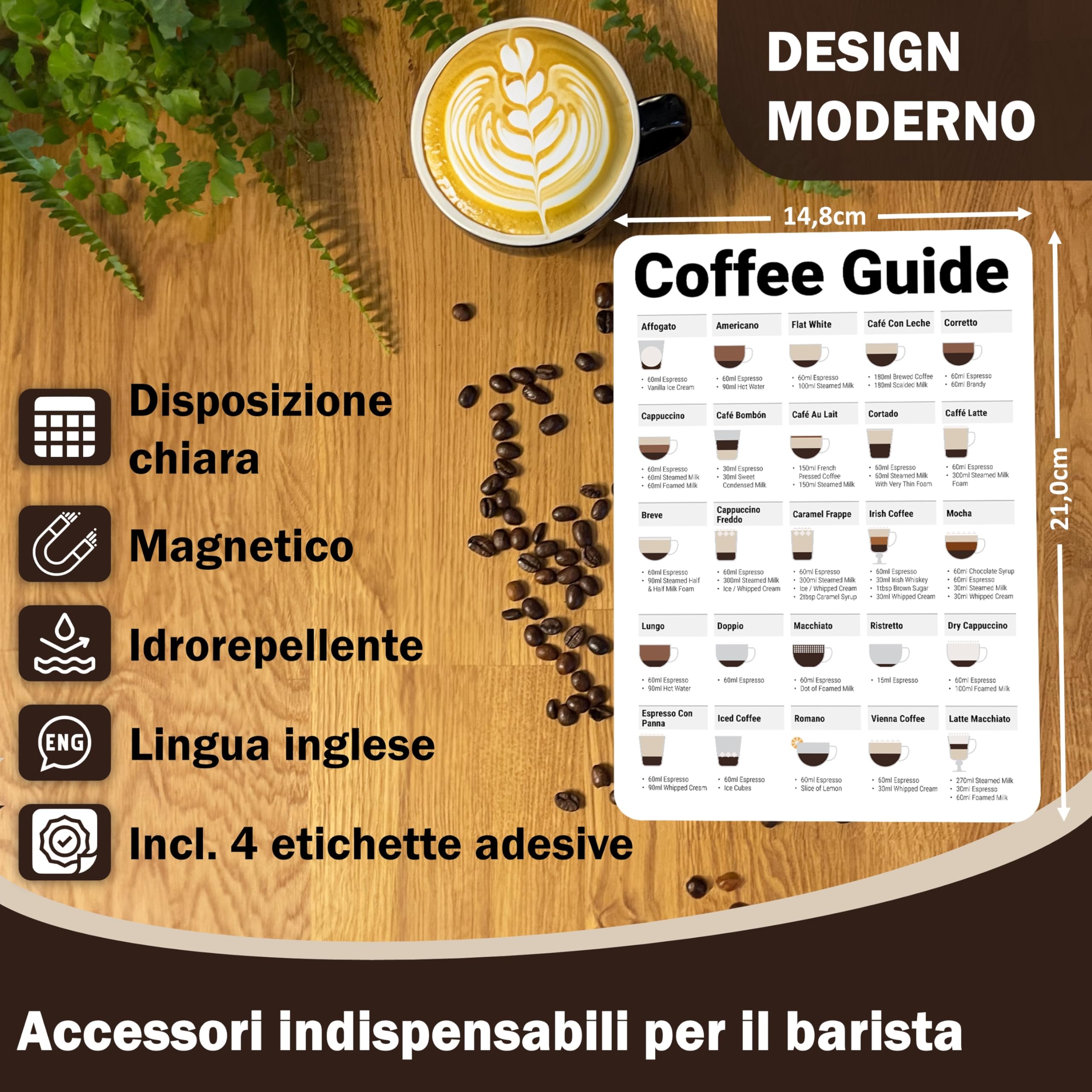 Wuni Barista Accessori – Guida magnetica per caffè – Accessorio per caffè perfetto con 25 specialità, caffè e caffè – decorazione bar – regalo per macchina portafiltro bianco