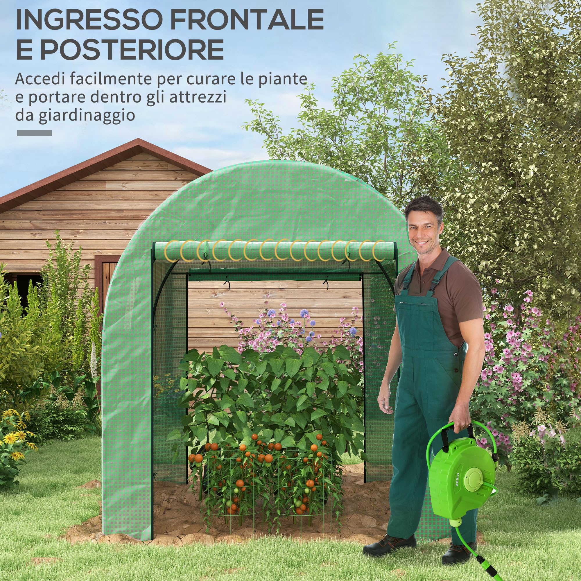Outsunny Serra da Giardino a Tunnel 1.8x1.8x2 m con 2 Porte e Finestre Avvolgibili, Serra per Orto con Struttura in Acciaio e Copertura PE, per Orto Verdure Fiori Frutta, Anti UV, Verde