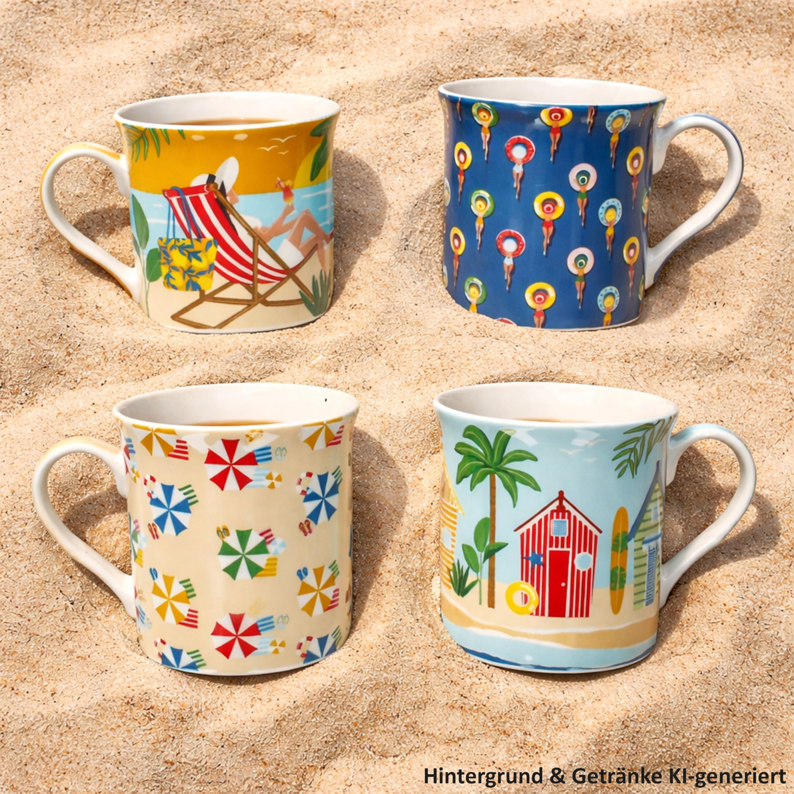 MamboCat Atmosphere - Set di 4 tazze da caffè in porcellana, 250 ml, 4 diversi motivi estivi, in confezione regalo, cilindriche per tè, cappuccino, cacao