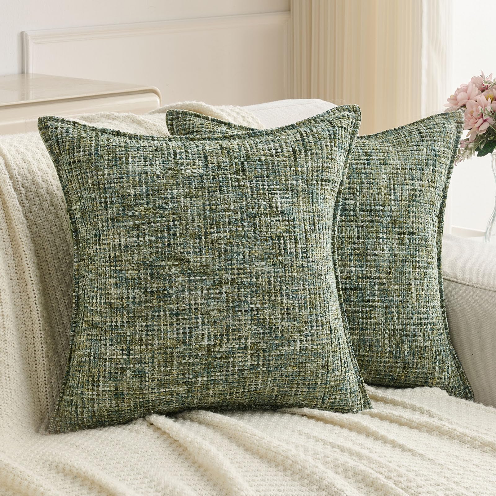 FUTEI Set of 2 Soft Tweed Chenille 60x60 cm Cushion Covers Farmhouse Micro-Check Textured Scatter European Pillow Covers 60 x 60 cm Vintage Accent for Sofa Bed Living Room, Dark Green