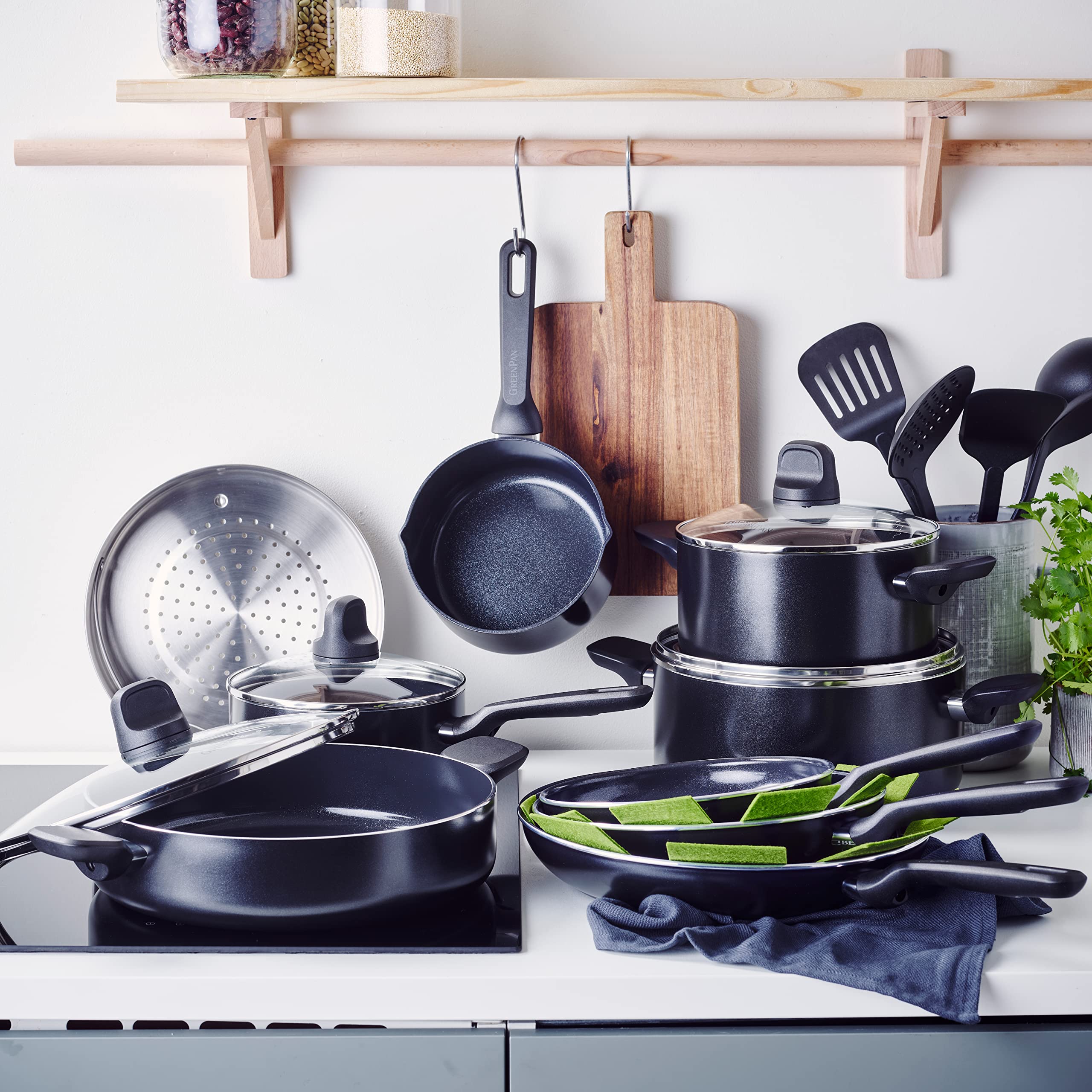 GreenPan Memphis Lot de 20 casseroles et poêles en céramique antiadhésives, sans PFAS, à induction, passe au lave-vaisselle, au four, noir
