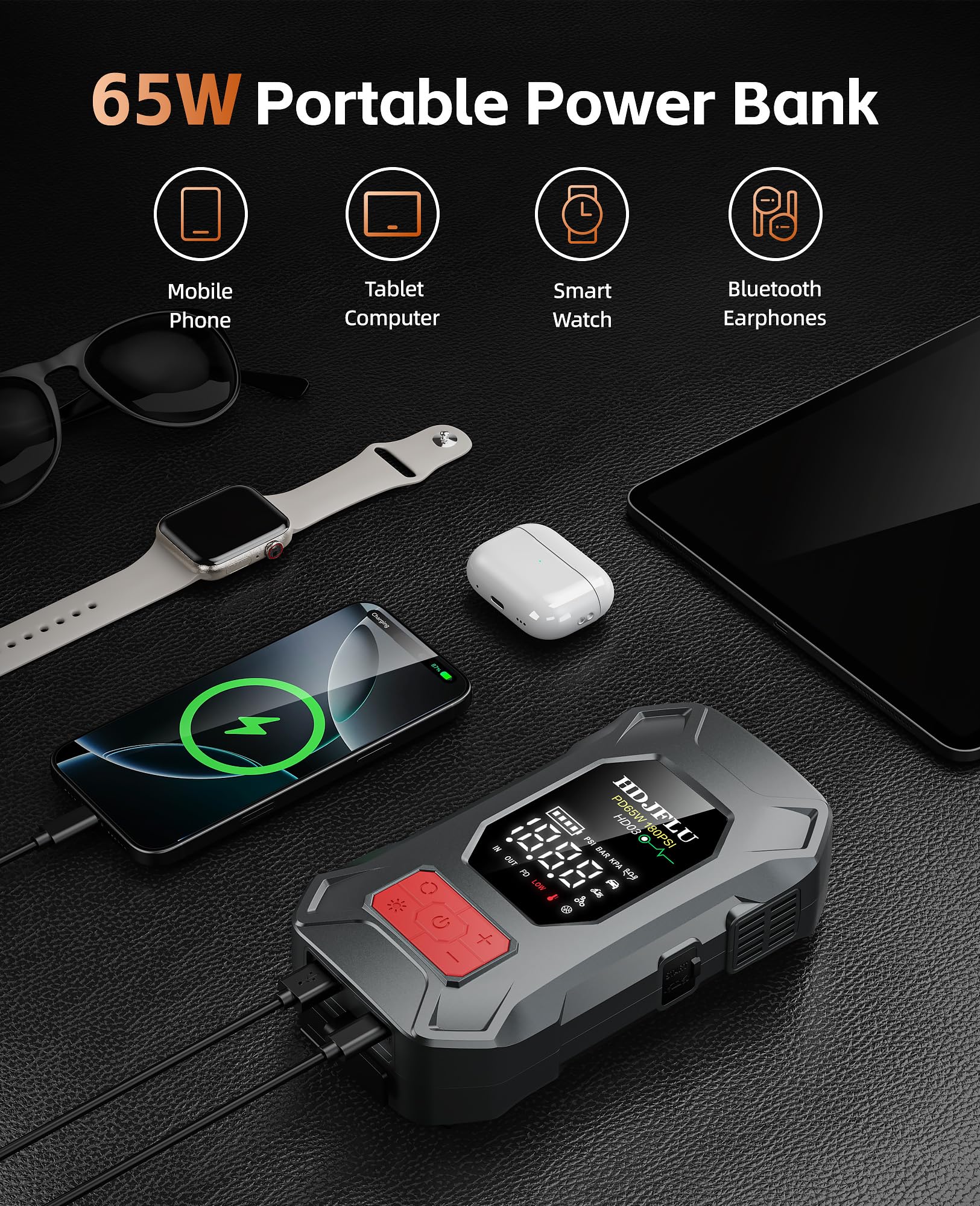 7500A con compressore d'aria da 180PSI, ricarica rapida da 65W, batteria portatile per auto da 24000mAh, gonfiatore di pneumatici da 12V (per benzina e diesel fino a 10L), luce LED