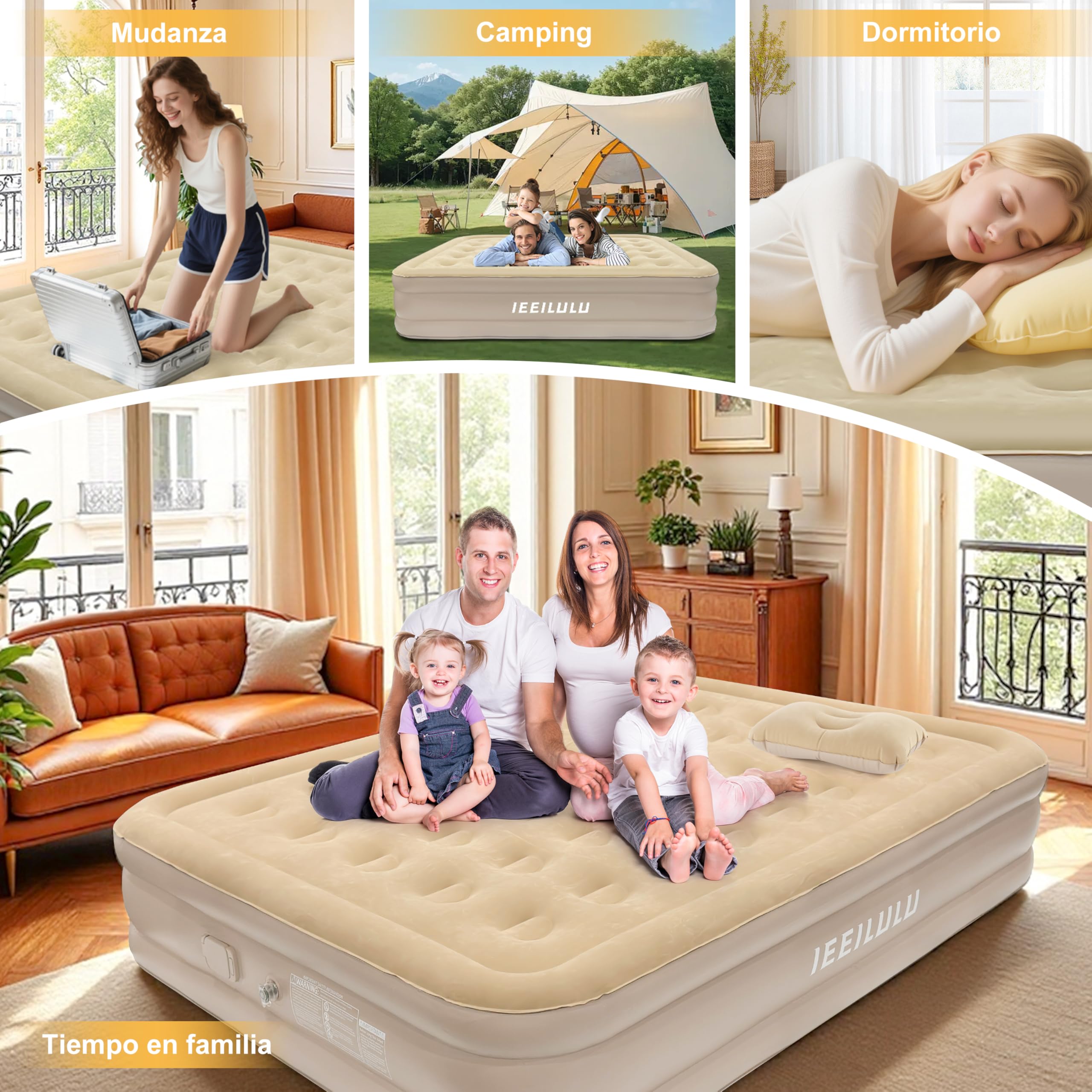 IEEILULU Colchón Hinchable con Bomba Eléctrica, Rápido Inflado y Desinflado, Portátil Cama de Aire con Almohada y Función de Luz Nocturna, Camas hinchables para el Hogar, Viajes y Camping (Doble)