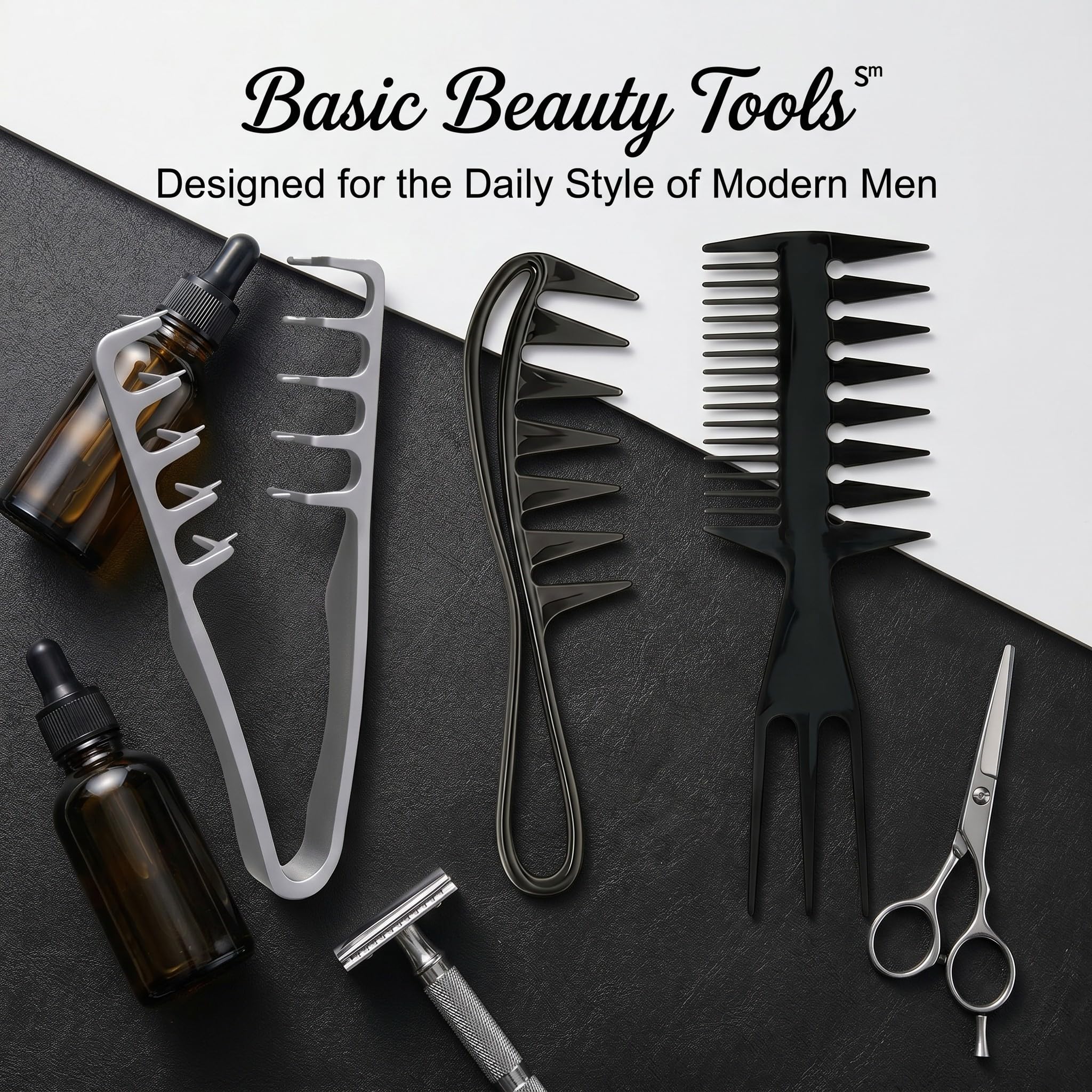 Pettine Uomo Set 3 Pezzi per Styling e Volume: Denti Larghi e Texture per Ciuffo Graffiato, Capelli Mossi e Ricci, Kit Professionale Nero Grigio