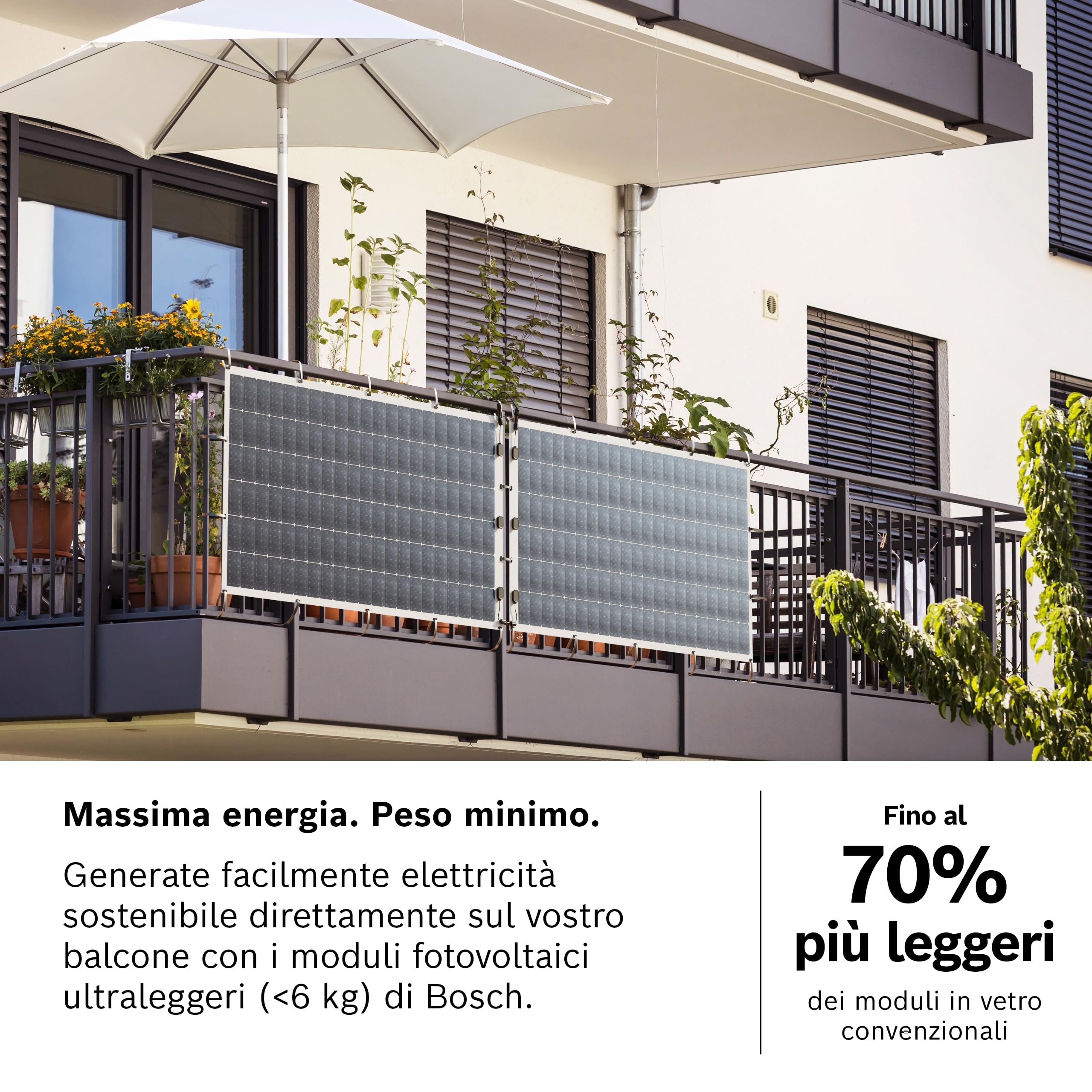 Bosch Solar 4000 P, Impianto fotovoltaico da balcone, 600 Watt | Impianto Fotovoltaico da Balcone Plug-and-Play, Modulo Ultraleggero (<6 kg), Micro-Inverter incluso, Autoinstallabile