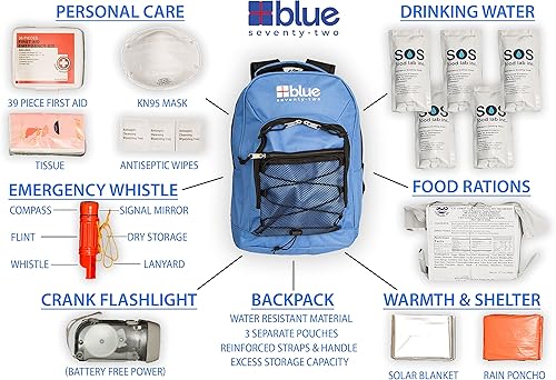 Miniatura 2 de Blue Coolers Blue Seventy-Two | Kit de supervivencia de mochila de emergencia de 72 horas para 1 persona | Kit de supervivencia para incendios