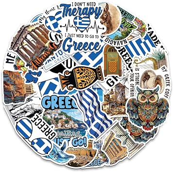 Greece Travel Stickers 50 Pieces Vinyl Waterproof Decal for Laptop Water Bottle Phone Car Window Bike Motorcycle Stakeboard Scrapbook Greek Civilization Sticker Gifts