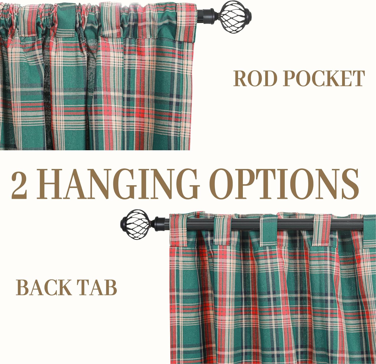 Scottish Plaid Back Tab Curtains 72 Inches Long Farmhouse Rustic Window Treatments Green Vintage Geometric Gingham Design Light Filtering Winter Holiday Window Drapes, Set of 2