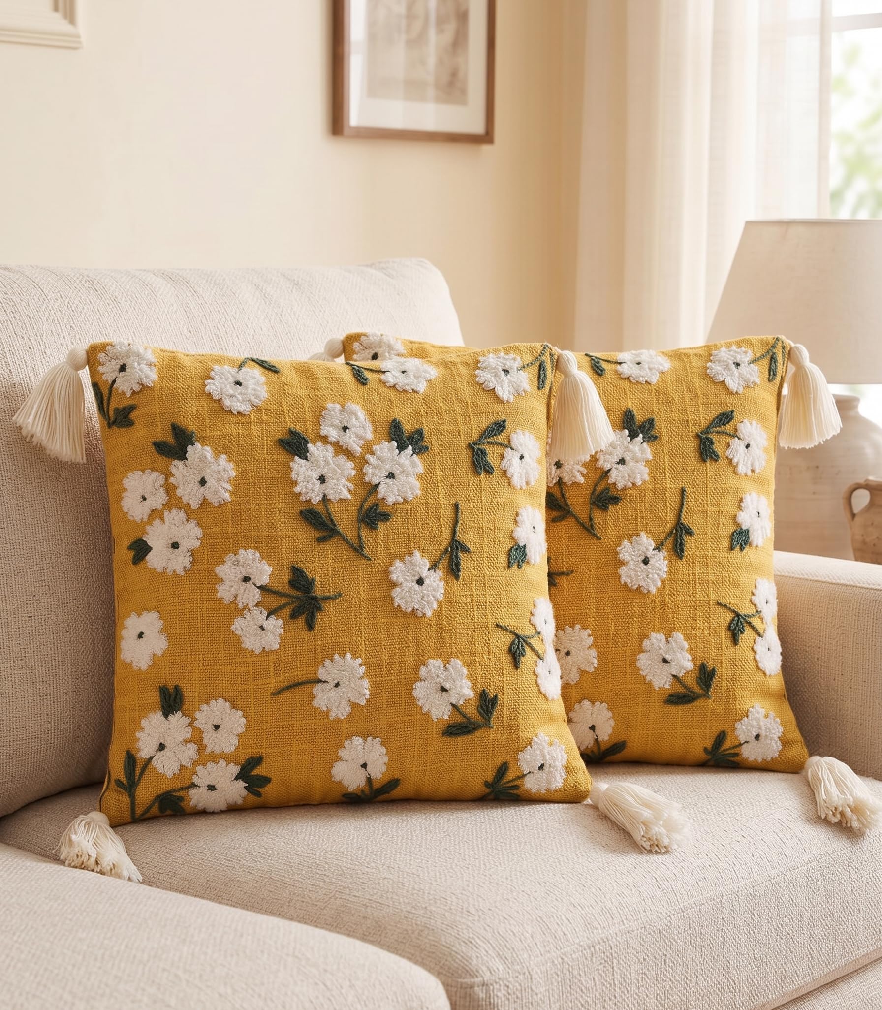 Handcrafted Mustard Yellow Square Cushion Cover with Floral Embroidery and Tassels (16x16 inches) – Premium Cotton Boho Decorative Pillow Case for Living Room, Sofa, and Bedroom (2, white flowers)-image-28