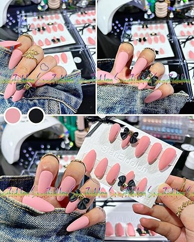Miniatura 5 de Uñas postizas a presión cortas y mate pintadas a mano, longitud media, color rosa, para disparar, arte de uñas, uñas largas a presión con pegamento