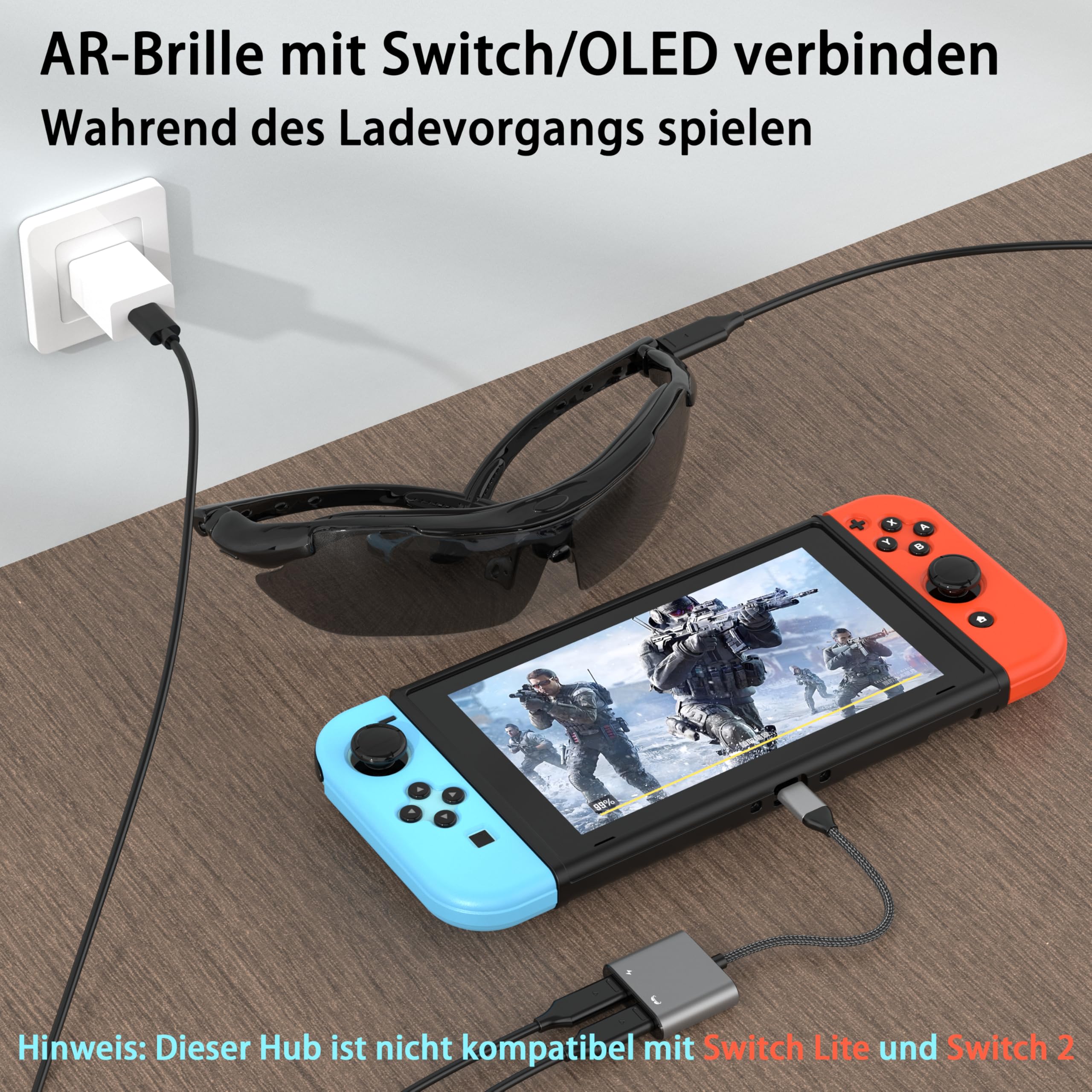 Adaptateur de Lunettes USB-C vers AR, Chargement et Jeu, Compatible avec Charge Rapide PD de 100W pour iPhone 17-15, Switch OLED, Steam Deck&Viture/Rokid/Xreal/RayNeo AR 1080P 120 Hz/4K 60Hz