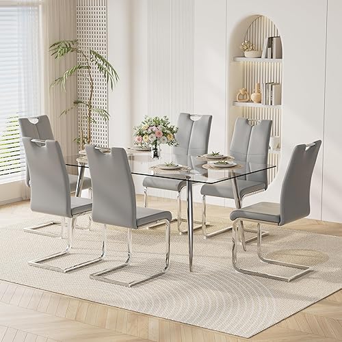 Miniatura 32 de Juego de mesa de comedor moderno de 51" de 7 piezas para 6, mesa rectangular de cristal con 6 sillas tapizadas en cuero, capacidad para 6 personas,