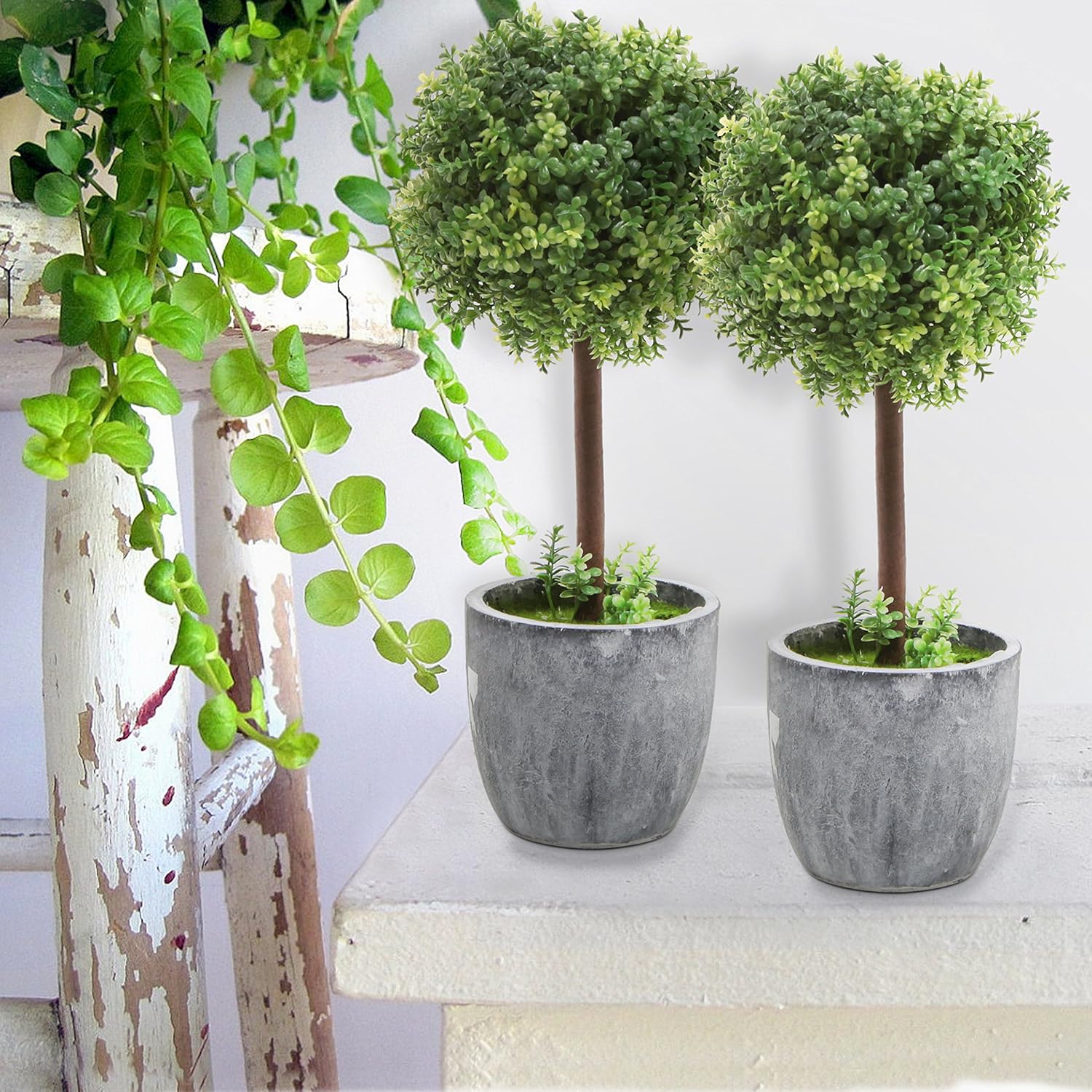 MyGift Set of 2 Small Realistic Artificial Boxwood Topiary Trees Faux Tabletop Decorative Plants with Gray Ceramic Pots -