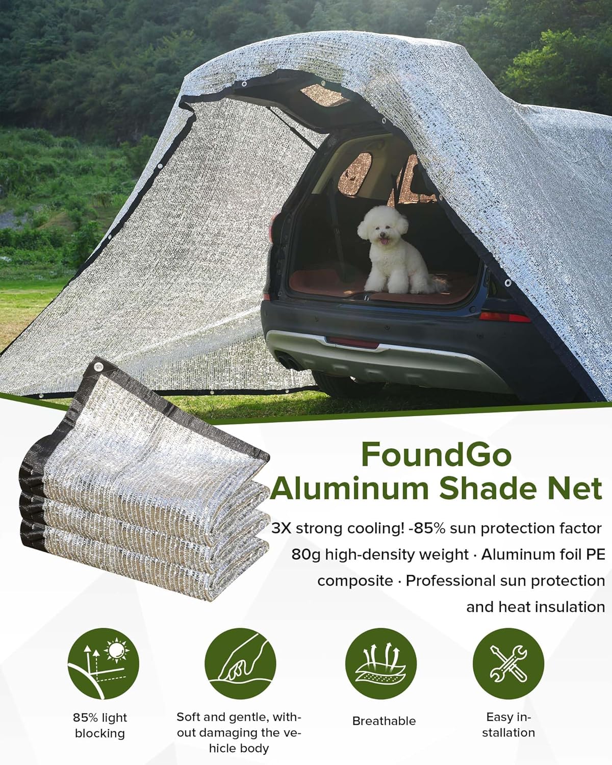 FoundGo 85% Aluminum Shade Cloth, 6.5'x6' Car/Dog Sun Reflective Aluminet tarp,Silver Reflective Sun Shade Net Cover with Grommets,Breathable,Sun/UV/Heat Blocking for Camping,RVs,with Accessories