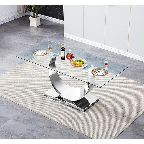 Pvillez Glass Dining Table for 4-6 with Chairs, 70 Inch Modern Tempered Glass Dining Room Table, Rectangle Dinner Tables with Stainless Steel Base for Dinner Room