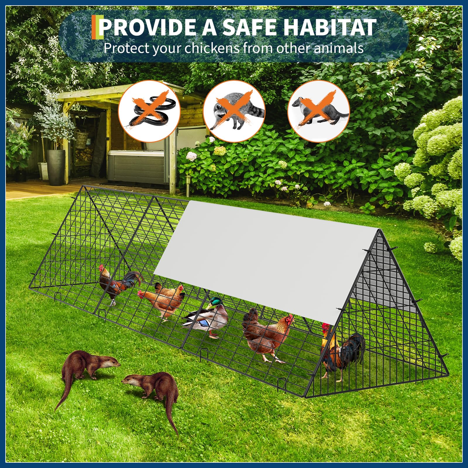Túnel de metal para pollos con cubierta impermeable y anti-UV, corral de pollo para patio, granja de patio al aire libre, gallinero portátil para gallinas, patos, conejos (118.8 x 28 x 24.2 pulgadas)
