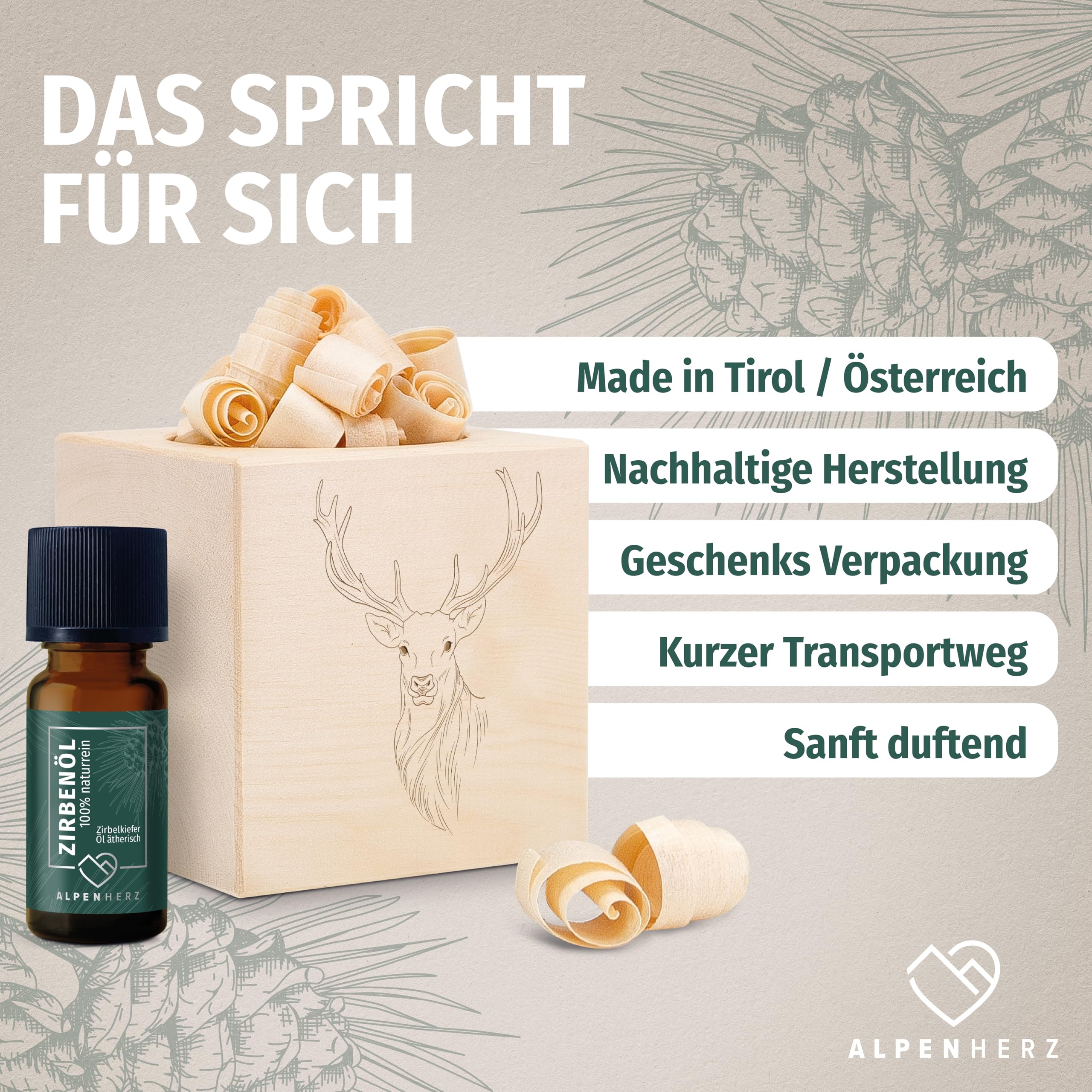 Alpenherz Zirbenwürfel Set - Zirbenöl 10 ml naturrein aus Österreich - Zirbenholz Würfel Duftspender Zirben Duft Holz Deko Zirbe Jäger Geschenke Zirbelkiefer Zirbenset (Hirsch)