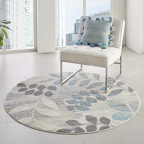 Miniatura 7 de Nourison Tranquil Botanical IvoryLight Blue - Alfombra redonda de 5 pies 3 pulgadas, fácil de limpiar, no se desprende, para dormitorio, sala de