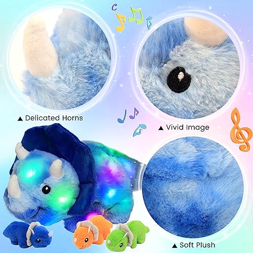 Miniatura 5 de Hopearl Juego de dinosaurio de peluche musical con luces LED, juguete de peluche para mamá Triceratops con 3 bebés en su barriga, volumen ajustable,