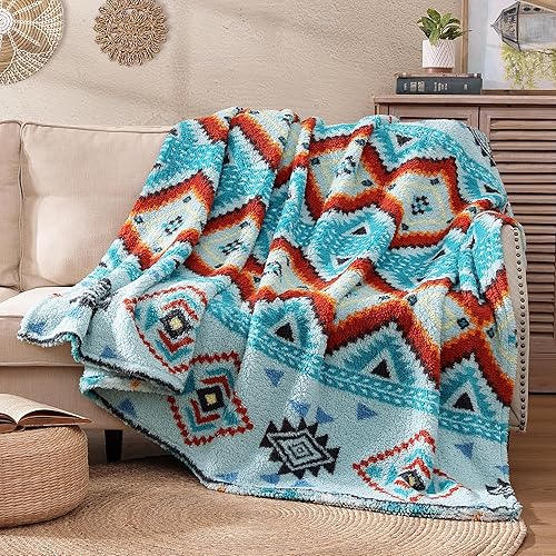 Miniatura 3 de CASAAGUSTO Manta de sherpa bohemia, manta azteca, ultra suave, cálida, acogedora, afelpada, manta bohemia de forro polar grueso para sofá, cama y