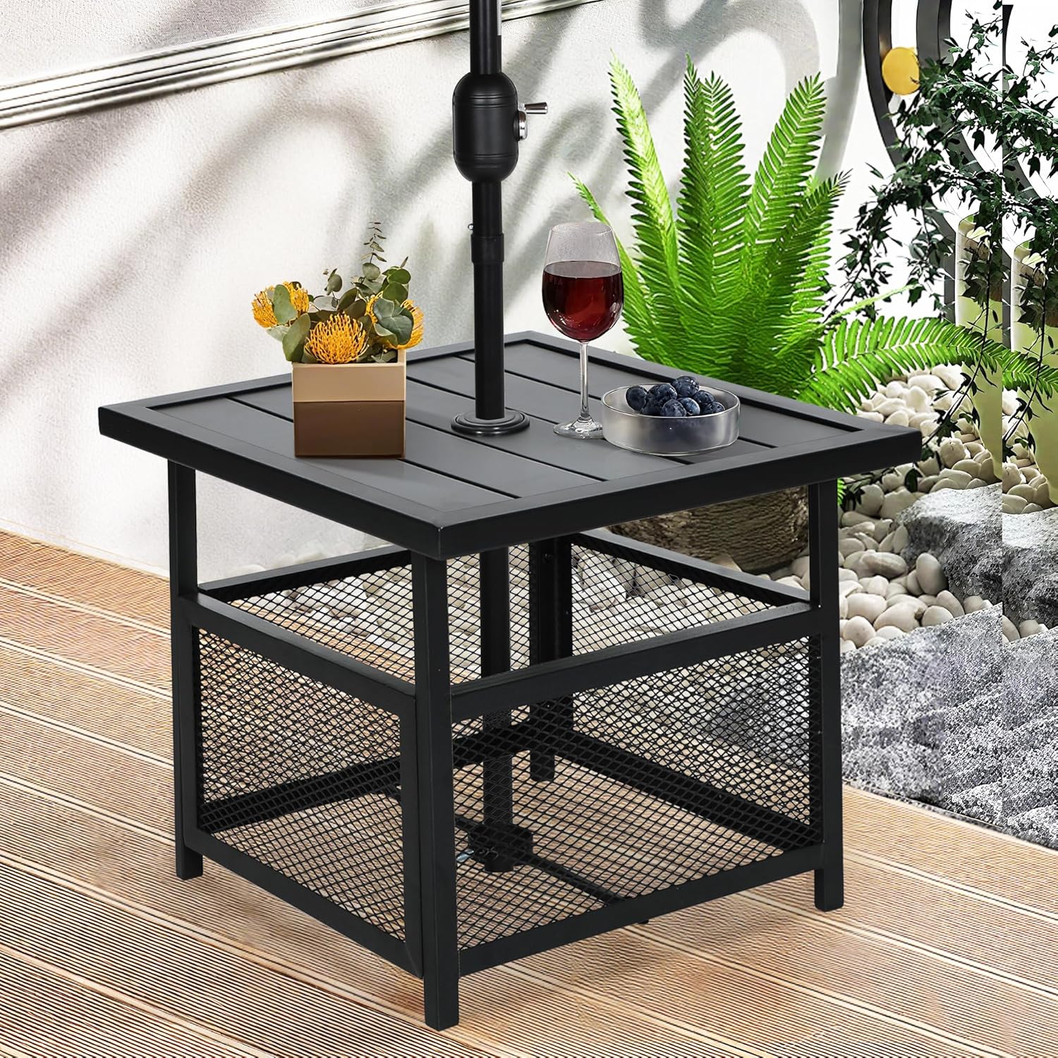 Outdoor Patio Umbrella Side Table Stand, Outdoor Bistro Square Steel Table with 1.57'' Umbrella Hole for Deck Garden Pool Backyard, Black