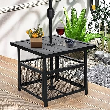 Patio Side Table with 1.57" Umbrella Hole, Square Outdoor Patio Bistro Table with Outdoor Iron Umbrella Base Stand- Black