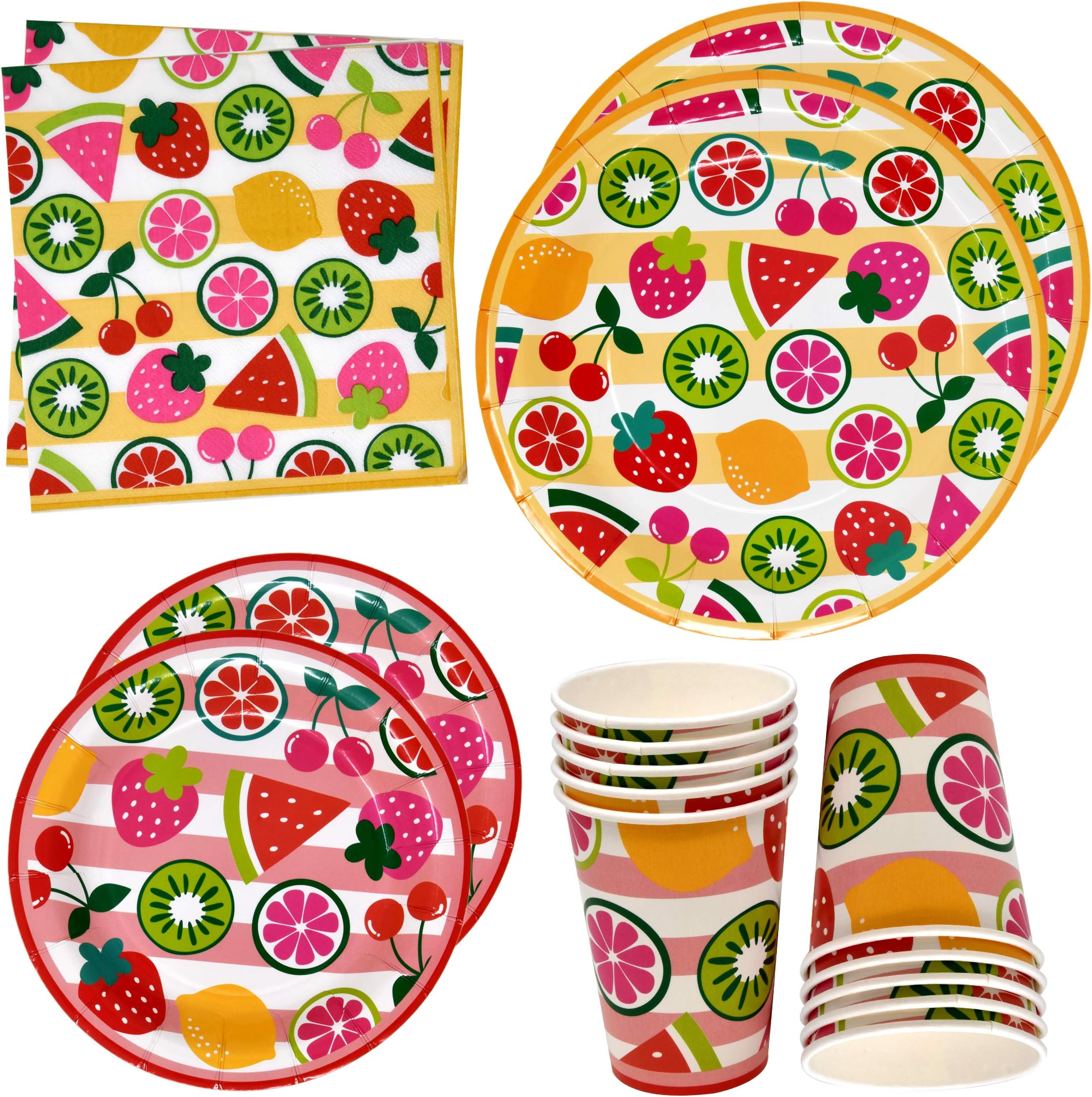 122 Pcs Fruit Party Supplies Set Paper Plate Cup Napkin for Summer Citrus Fruits Tutti Fruity Lemon Watermelon Birthday Disposable Dinnerware Serve 24