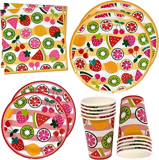 Gift Boutique 122 Pcs Fruit Party Supplies Set Paper Plate Cup Napkin for Summer Citrus Fruits Tutti Fruity Lemon Watermelon Birthday Disposable Dinnerware Serve 24