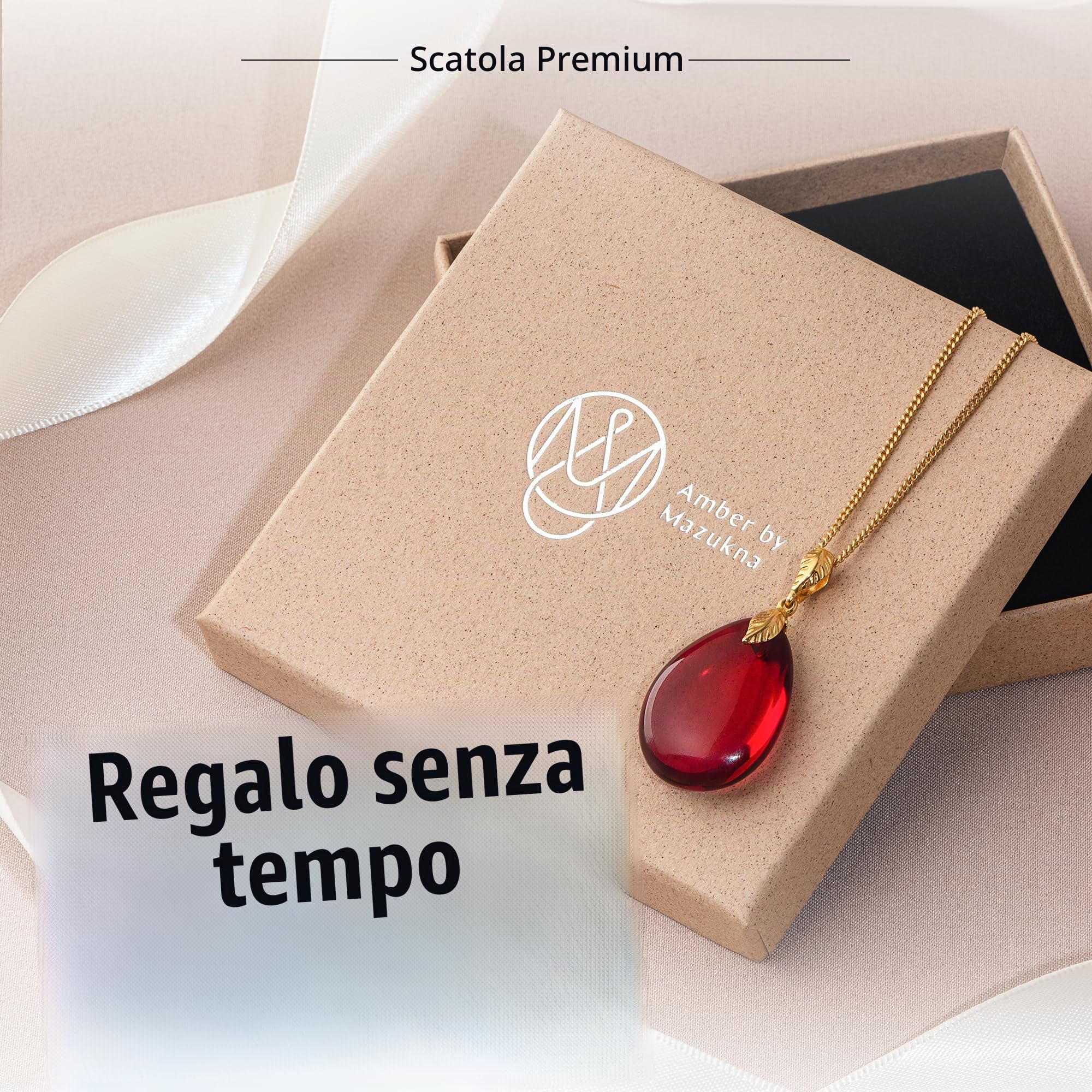 Mazukna - Ciondolo in ambra rossa, elegante gioiello in argento sterling placcato d'oro, collana da donna lunga 45 cm