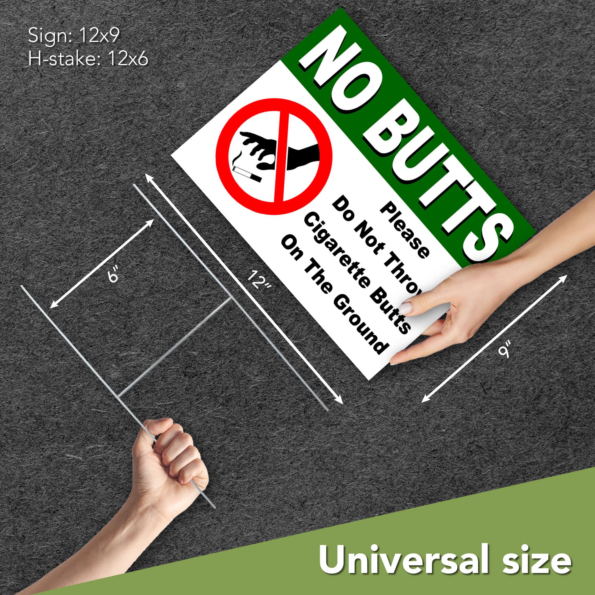 2 PC No Cigarette Butts Signs - 12 x 9 Coroplast No Butts Signage with Stake - No Littering Sign Outdoor