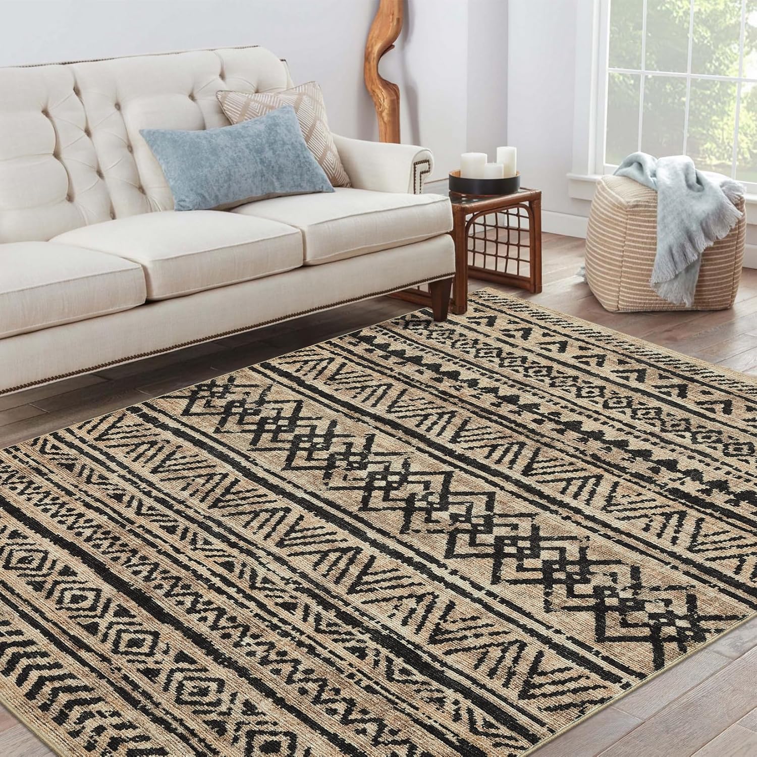 GarveeHome Machine Washable Area Rugs 8x10 Farmhouse Living Room Rugs, Non-Slip Distressed Indoor Floor Carpet, Non-Shedding Soft Low Pile Accent Rugs for Office, Bedroom, Dark Linen Color
