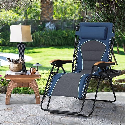 Miniatura 10 de MAISON ARTS Silla de césped acolchada de gran tamaño XL de gravedad cero anti gravedad, silla reclinable ajustable con almohada y soporte para