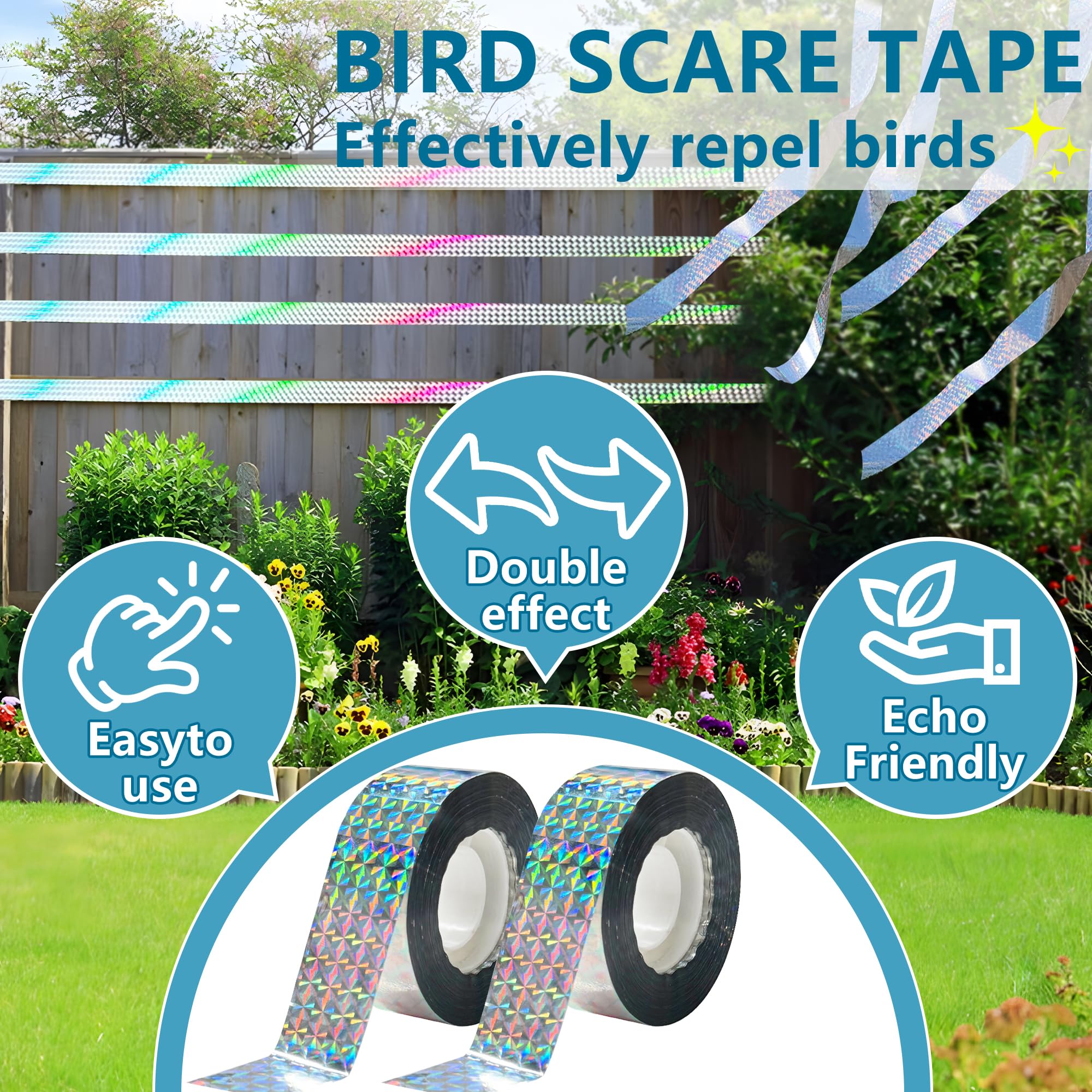 2 cintas reflectantes para pájaros de 500 pies x 2 unidades, dispositivo de miedo de pájaros, cinta de doble cara para ahuyentar a los pájaros para casa, jardín, patio, huerto, patio — view 8