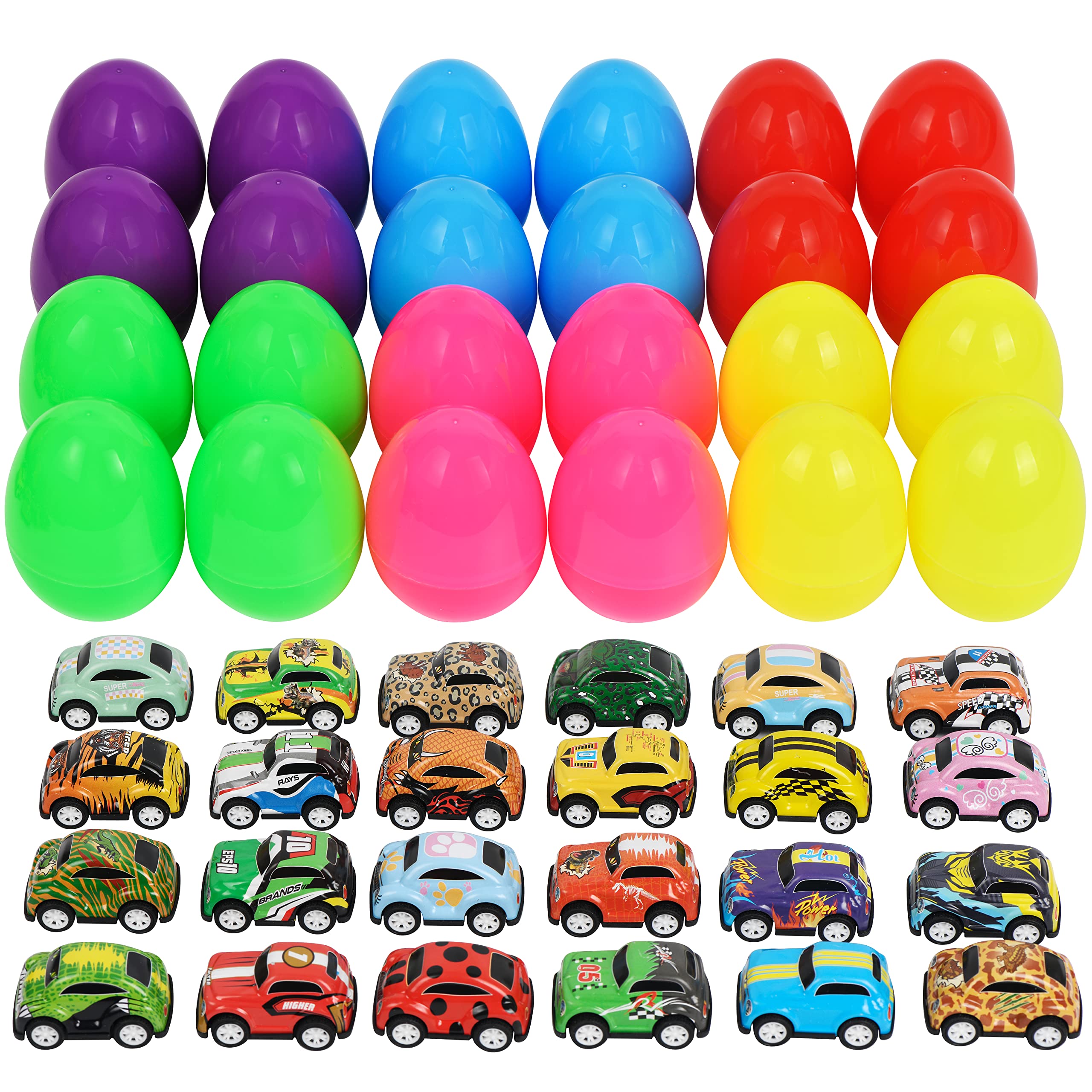 Umikk 24 Pcs Easter Eggs Filled with Mini Pull Back Car, Easter Plastic Eggs with Toys Inside, Surprise Plastic Egg Toys Blind Bags, Perfect for Easter Egg Hunt, Easter Basket Stuffers