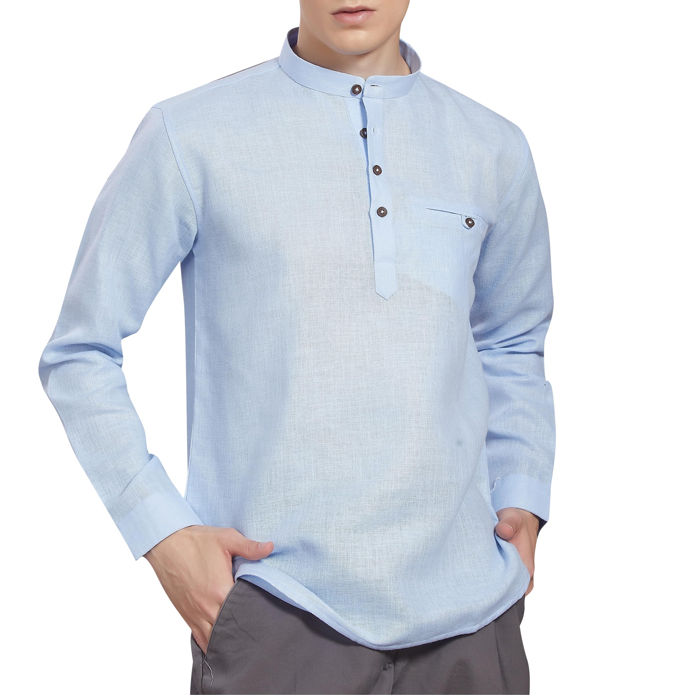 Divisive Men's Pure Cotton Linen Full Sleeves Ethnic Casual Relaxed Fit Short Kurta/Shirt (Dkrt506_L_Sky Blue)
