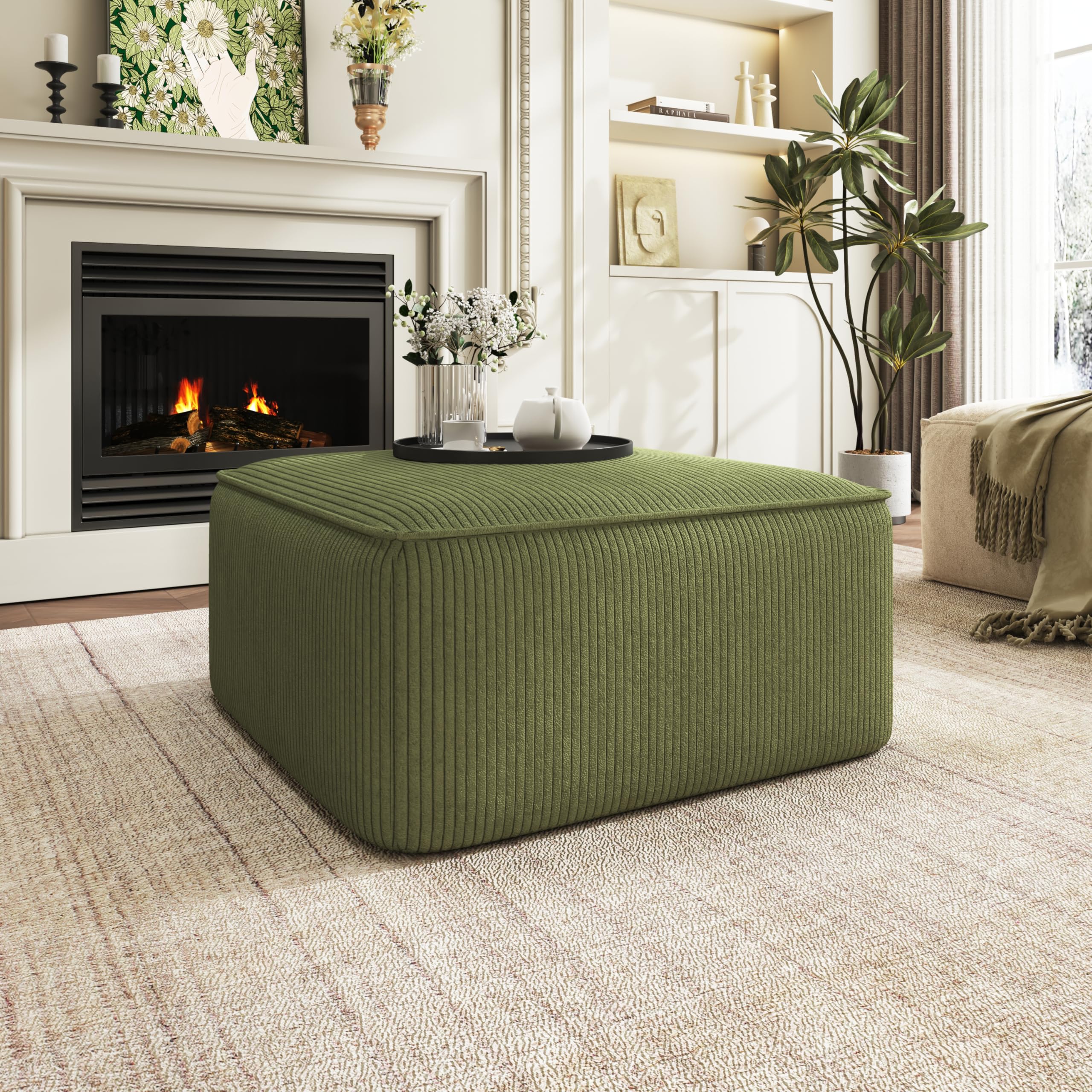 Christopher Knight Home Kyle Corduroy Woven Upholstery Square Ottoman, Living Room Sofa Ottoman with Wood Frame, Comfy Seating Experience with Dense Foam Padding, Non-Marking Foot Caps, Olive Green
