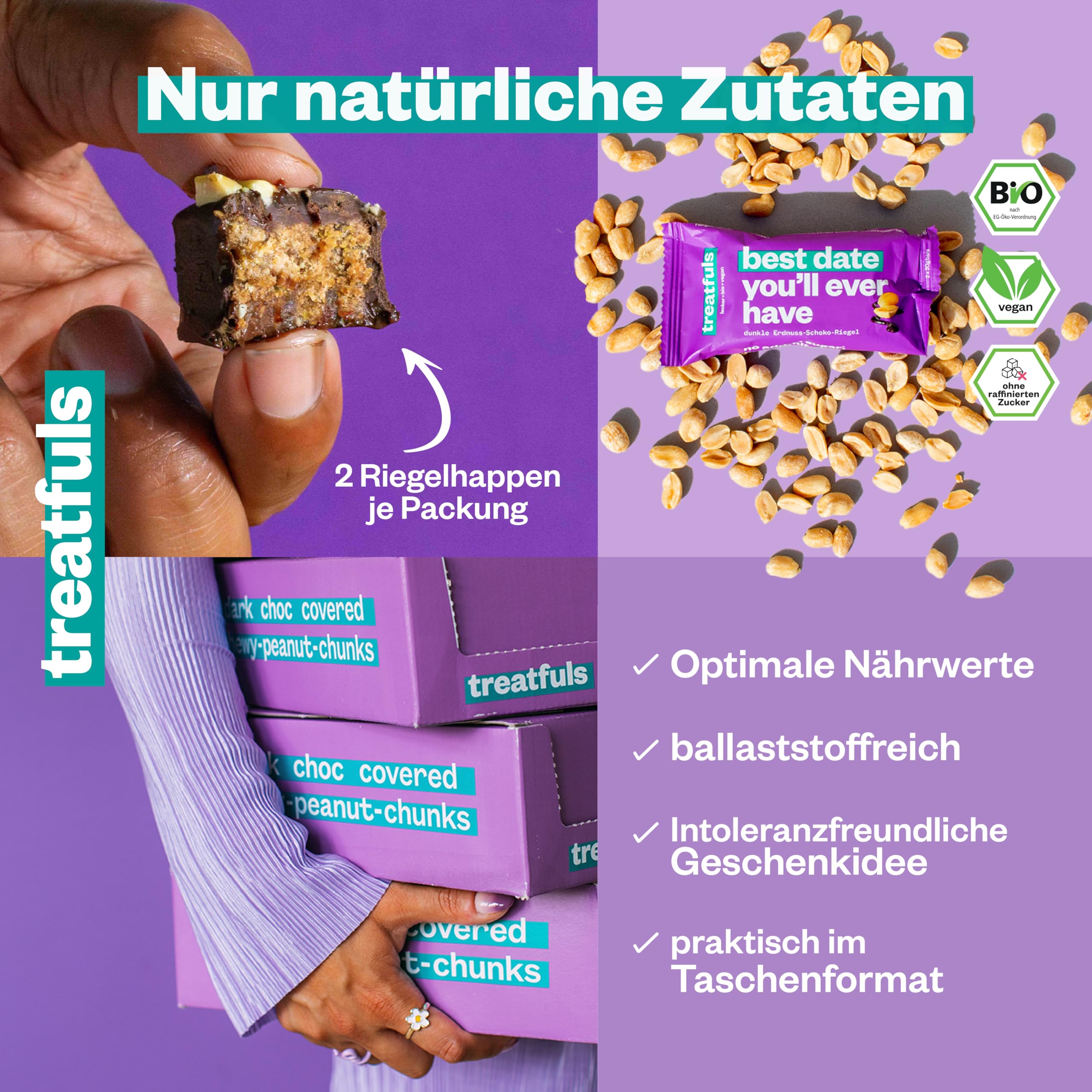 treatfuls dunkle Bio-Erdnuss-Schoko Riegel 20 x 40g | Datteln und Erdnüsse | vegan | 100% natürliche Zutaten | glutenfrei | laktosefrei | ohne Soja