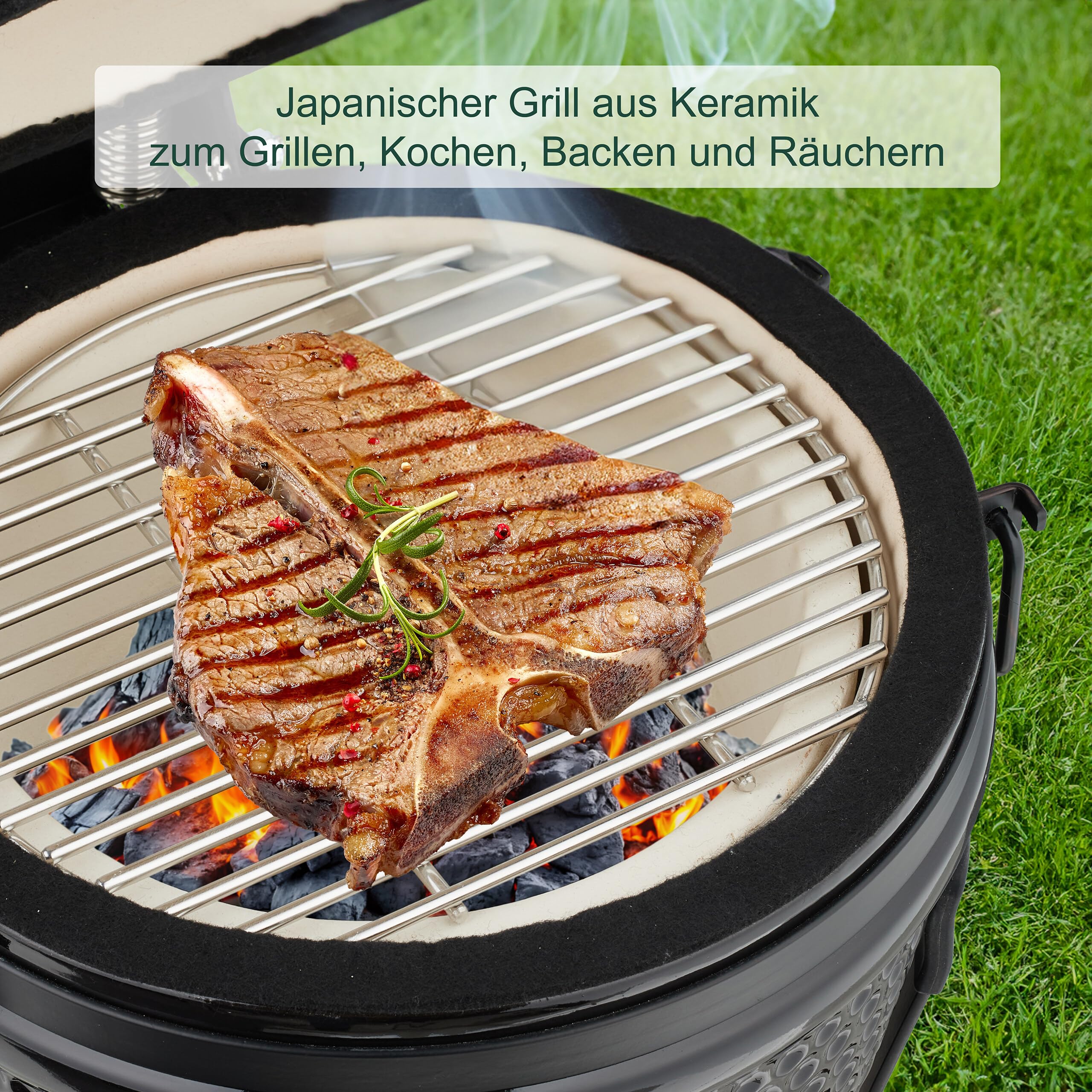 Relaxdays Kamado Grill, Ø 32 cm, Keramikgrill mit Thermometer bis 450 °C, BBQ, Grillen, Kochen & Backen, Smoker, schwarz