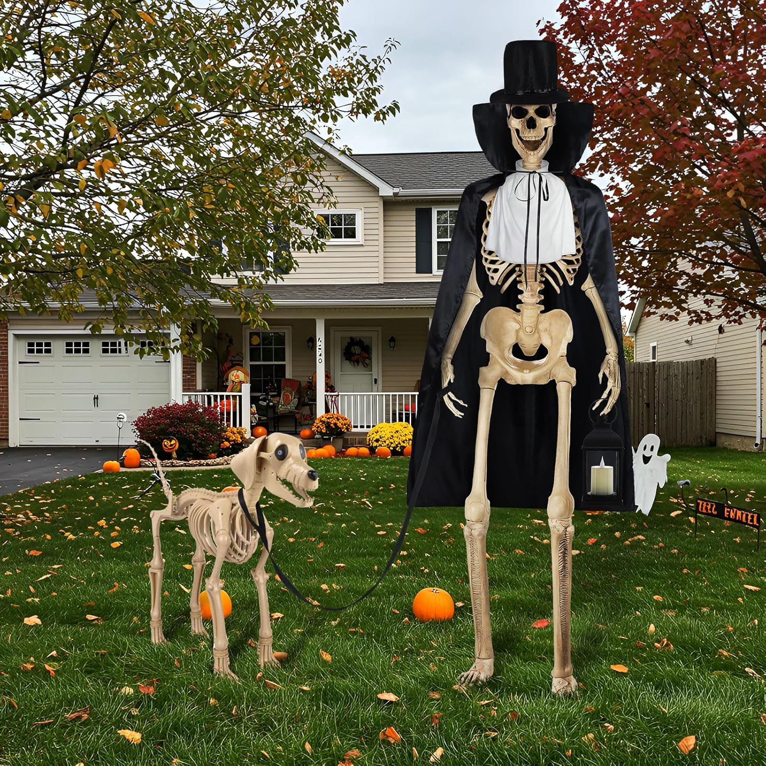 12 ft Giant Sized Skeleton Costume Set Top Hat, White Ruff, Black Cape, Lantern & Dog Leash for 12 ft Tall Halloween Skeleton and Dog, Not Include Skeletons