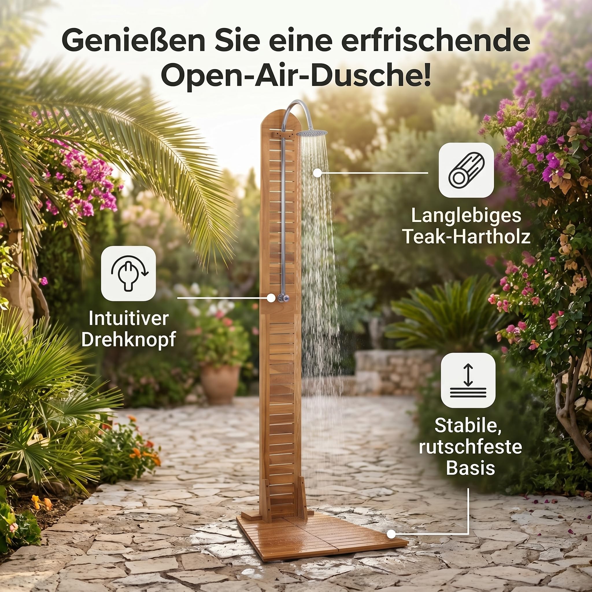 Gecheer Ducha de jardín de madera maciza de teca, 70 x 75 x 204 cm, ducha exterior de madera pulida fina con acero inoxidable para jardín y terraza