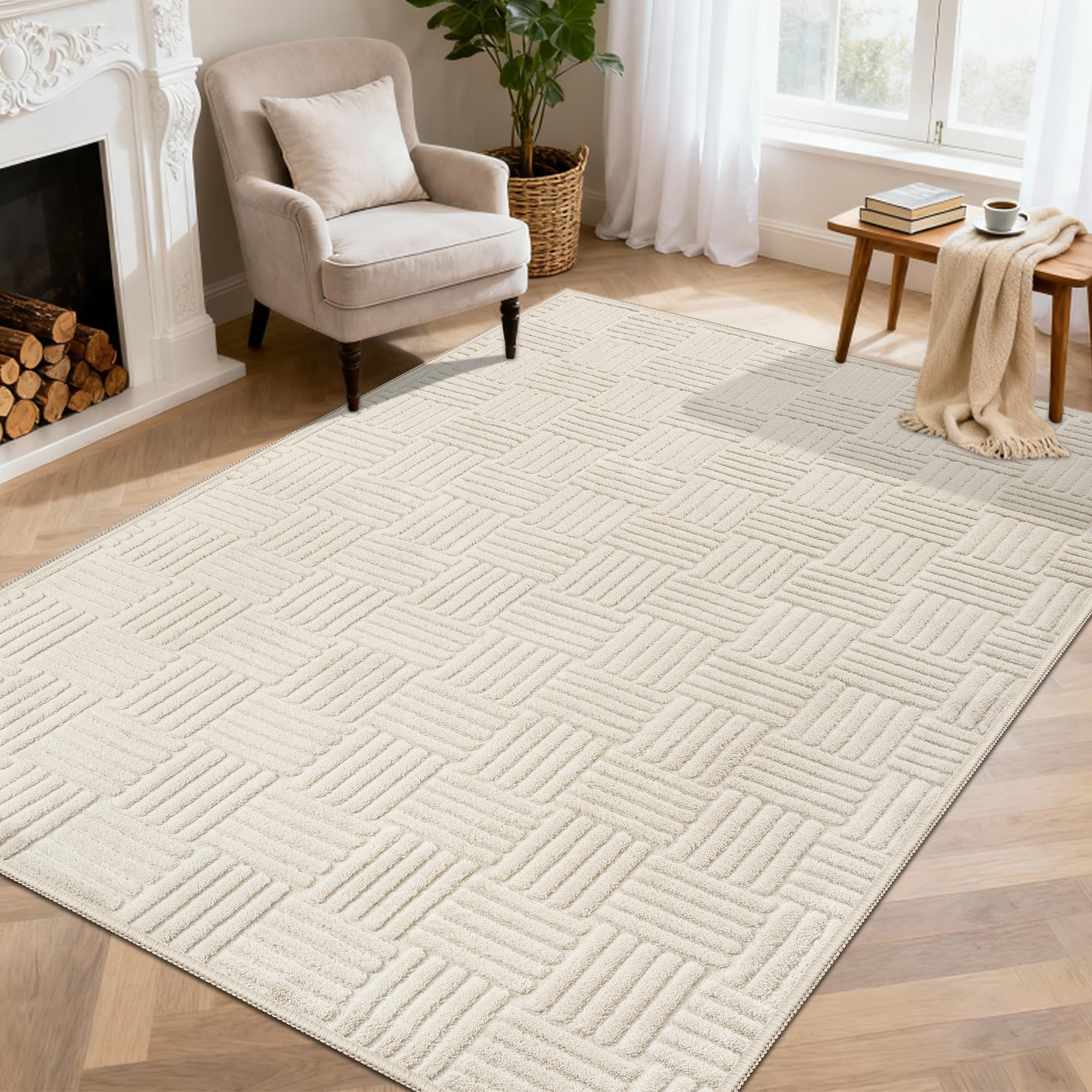 VSIWB Teppich Wohnzimmer 120x180cm Waschbarer rutschfest Kurzflor Teppiche 3D Effekt Flauschiger weiche und pflegeleichter Cream Moderner Teppich für Wohnzimmer, Schlafzimmer, Esszimmer, kinderzimmer