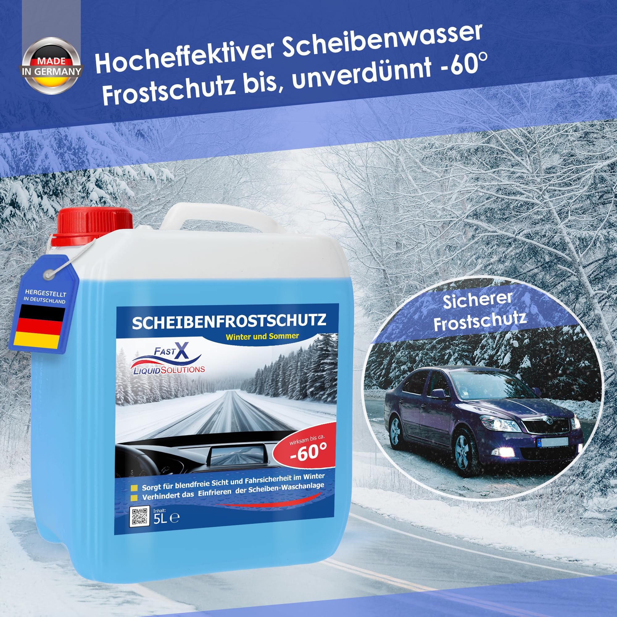 FAST X Scheibenfrostschutz/Scheibenwischwasser für Auto/LKW– 5 Liter Kanister– Winter und Sommer – Schutz bis -60°C (4x5 Liter)
