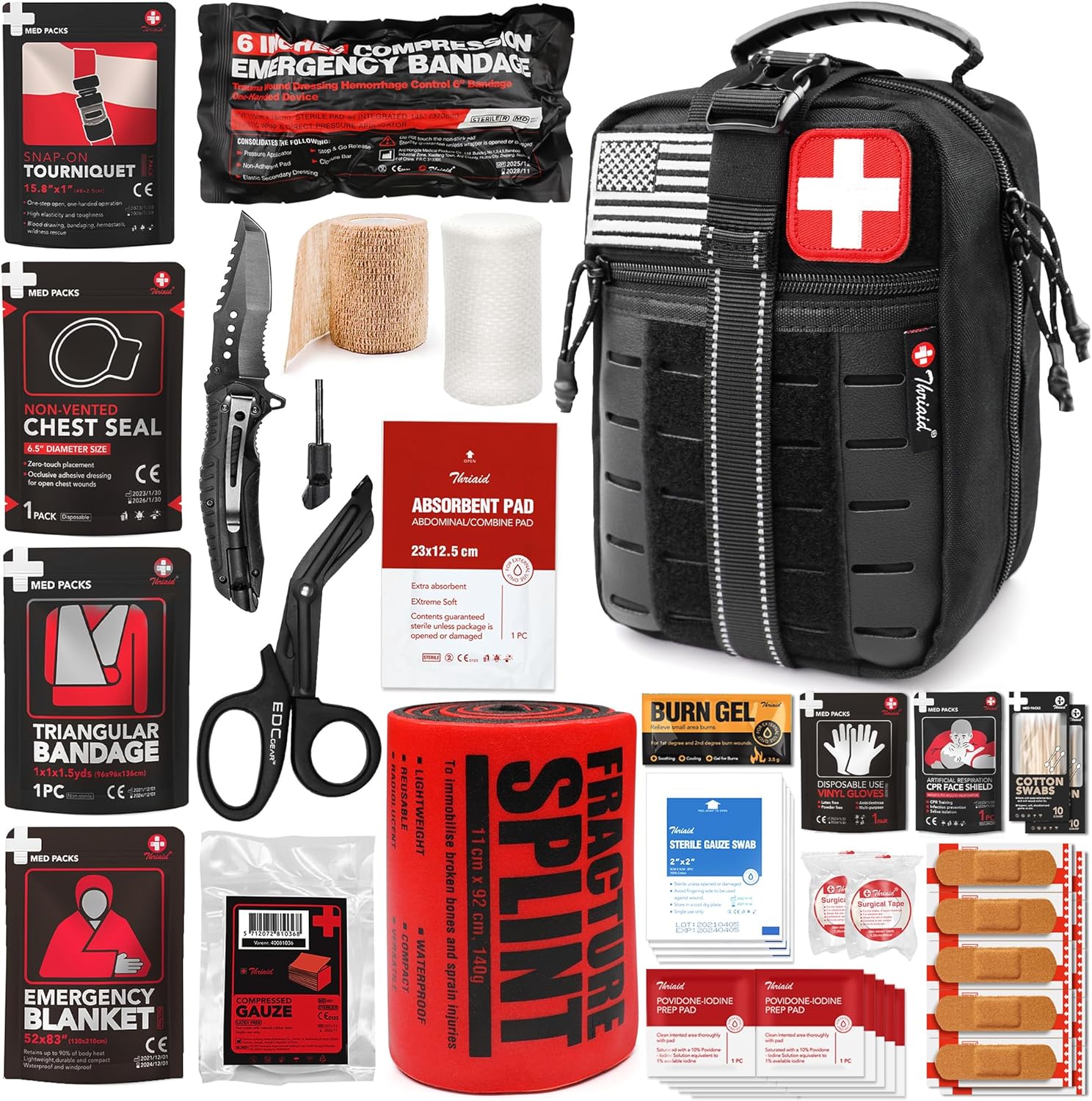 Survival First Aid Kit with Israeli Bandage, Chest Seal, Tourniquet, Splint, Tactical Military Combat Molle IFAK for Wound Care, Bleeding Control, Trauma Hemorrhage and More (Black) Survival First Aid Kit with Israeli Bandage, Chest Seal, Tourniquet, Splint, Tactical Military Combat Molle IFAK for Wound Care, Bleeding Control, Trauma Hemorrhage and More (Black)