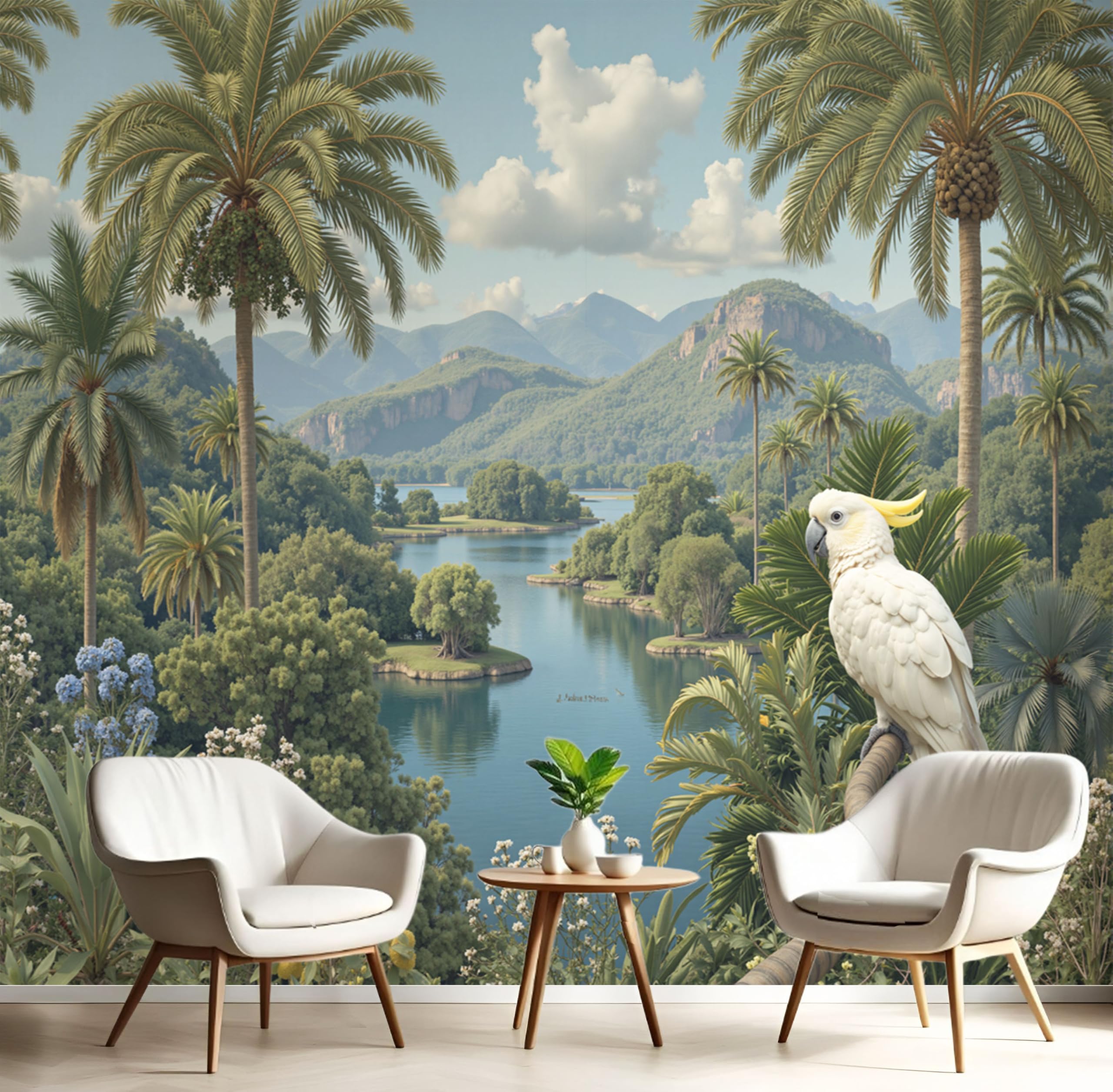 Papier Peint Panoramique Perroquets Palmiers Vert Olive 250X175Cm