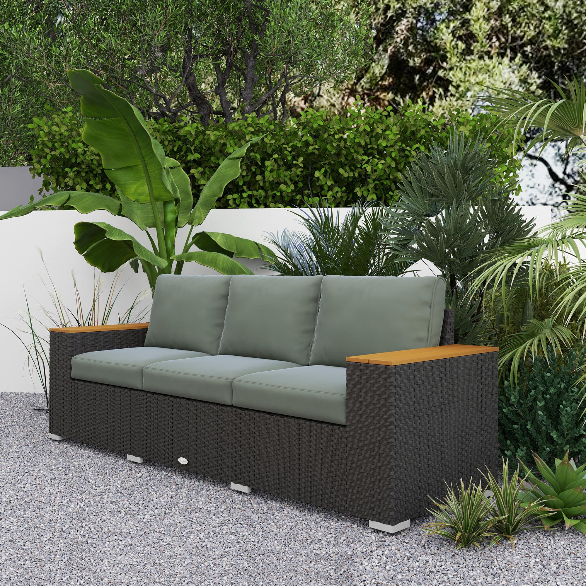 Sofá de patio al aire libre de 3 asientos con cojines, sofá de mimbre de ratán PE con reposabrazos anchos de grano de madera, sofá de mimbre al aire libre para porche, jardín, terraza 6